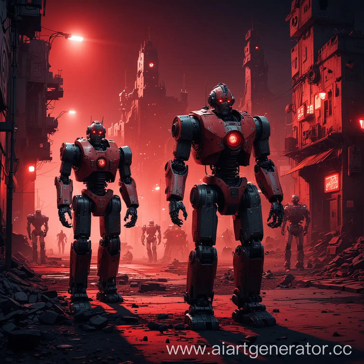 robots, night, citadel at background, red light