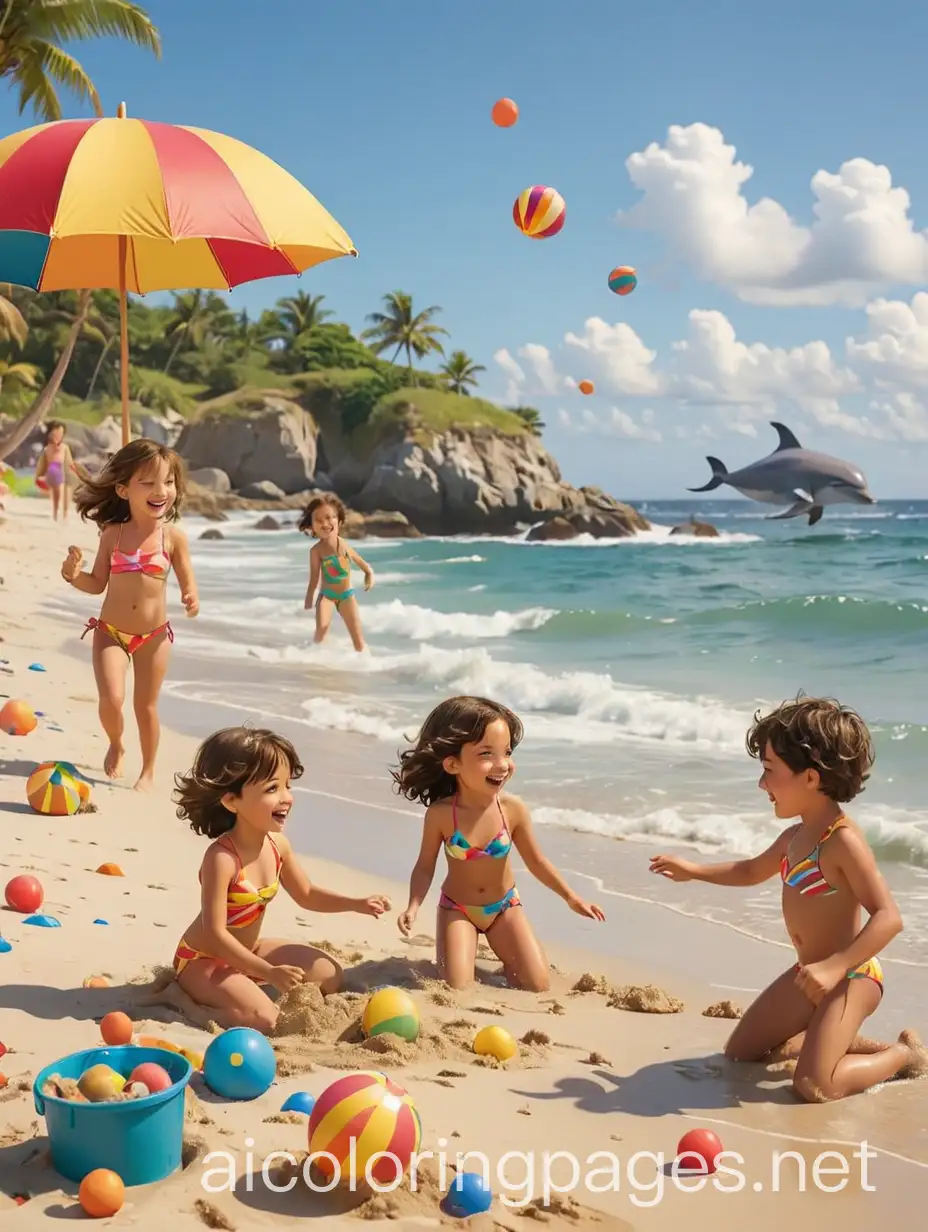 The cartoon image shows a group of children playing happily on the seashore. Children wear colorful swimsuits and build sandcastles, play with balls and float on the water. In the background, colorful umbrellas and beach chairs are scattered around the beach, as well as sea toys such as buckets and shovels. On the horizon, dolphins can be seen jumping high above the waves, adding to the fun and lively atmosphere of the scene. Bright colors and simple lines make the picture attractive and fun for children. Coloring Page, black and white, line art, white background, Simplicity, Ample White Space.