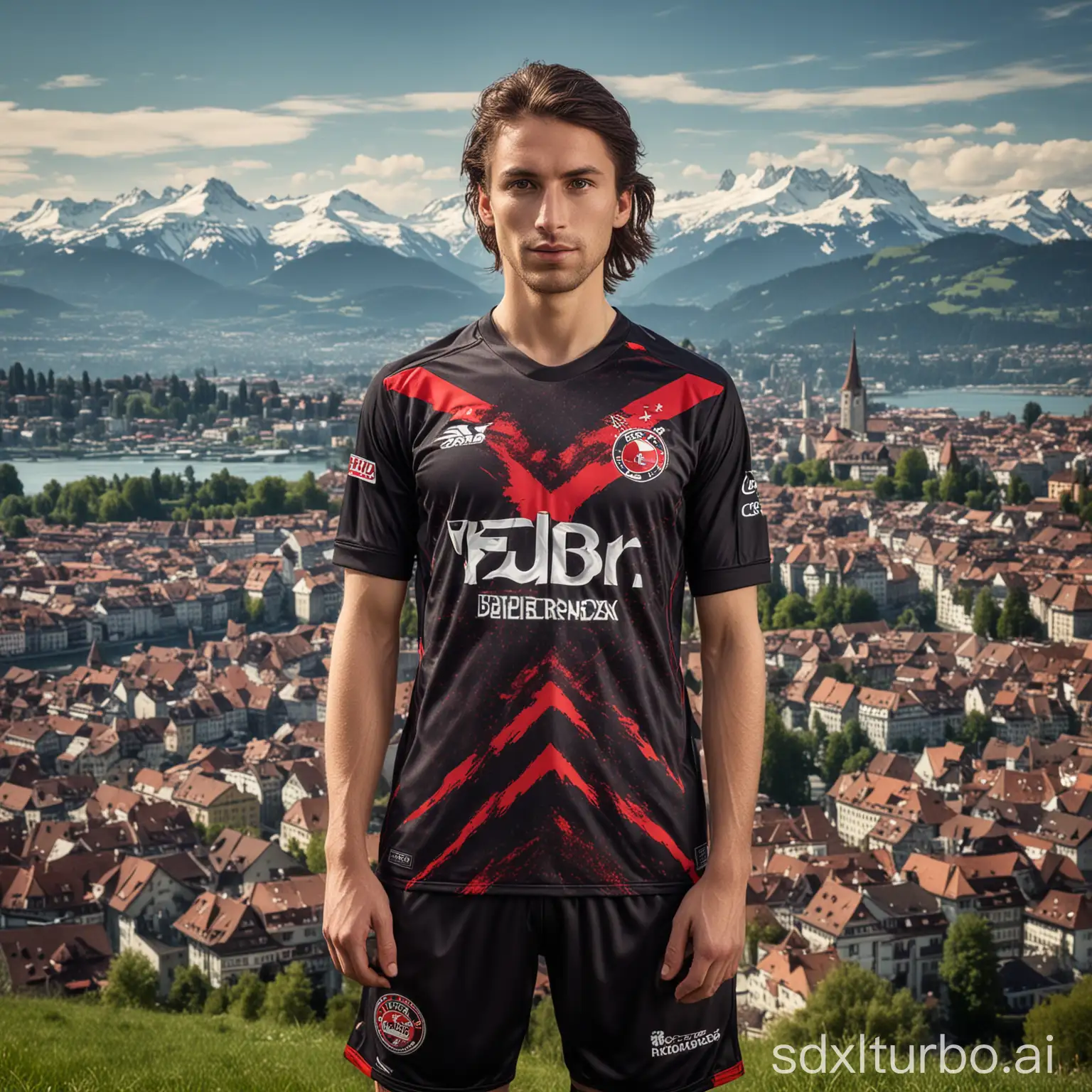 Advertisement for a new soccer jersey, black jersey with red accents. City of Bern in the background