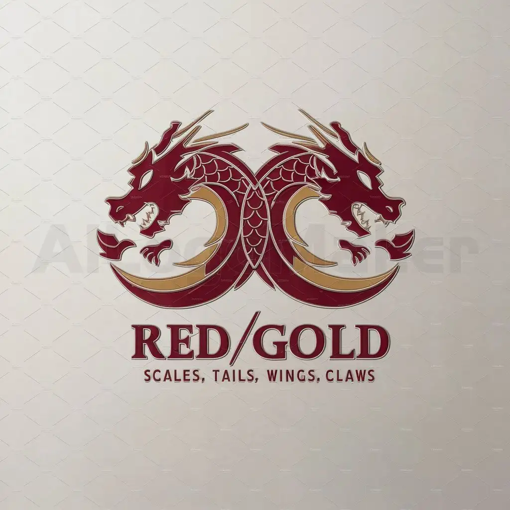 a logo design,with the text "red/gold, scales, tails, wings, claws", main symbol:2 dragon heads,Moderate,be used in Others industry,clear background