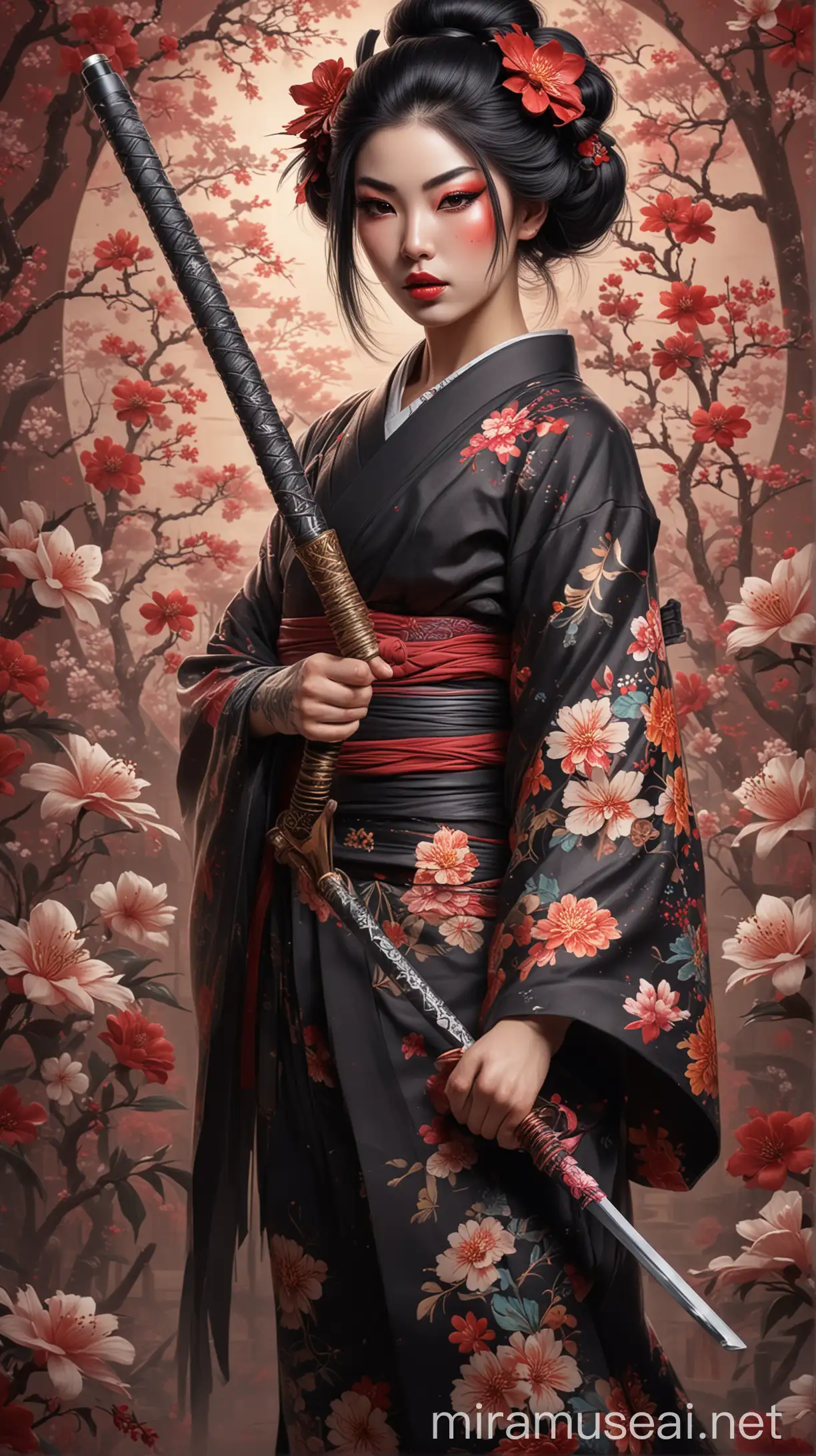 wanita geisha cantik dengan tato seluruh tubuh memegang pedang katana di artgerm, tato menutupi seluruh , wajah cantik, bibir penuh, dan rambut hitam panjang dikuncir. desain bunga berwarna-warni wallpaper bunga,latar belakang dalam gaya anime fantasi ilustrasion, --v 6.0 --gaya mentah - -s 130 --ar 35:64