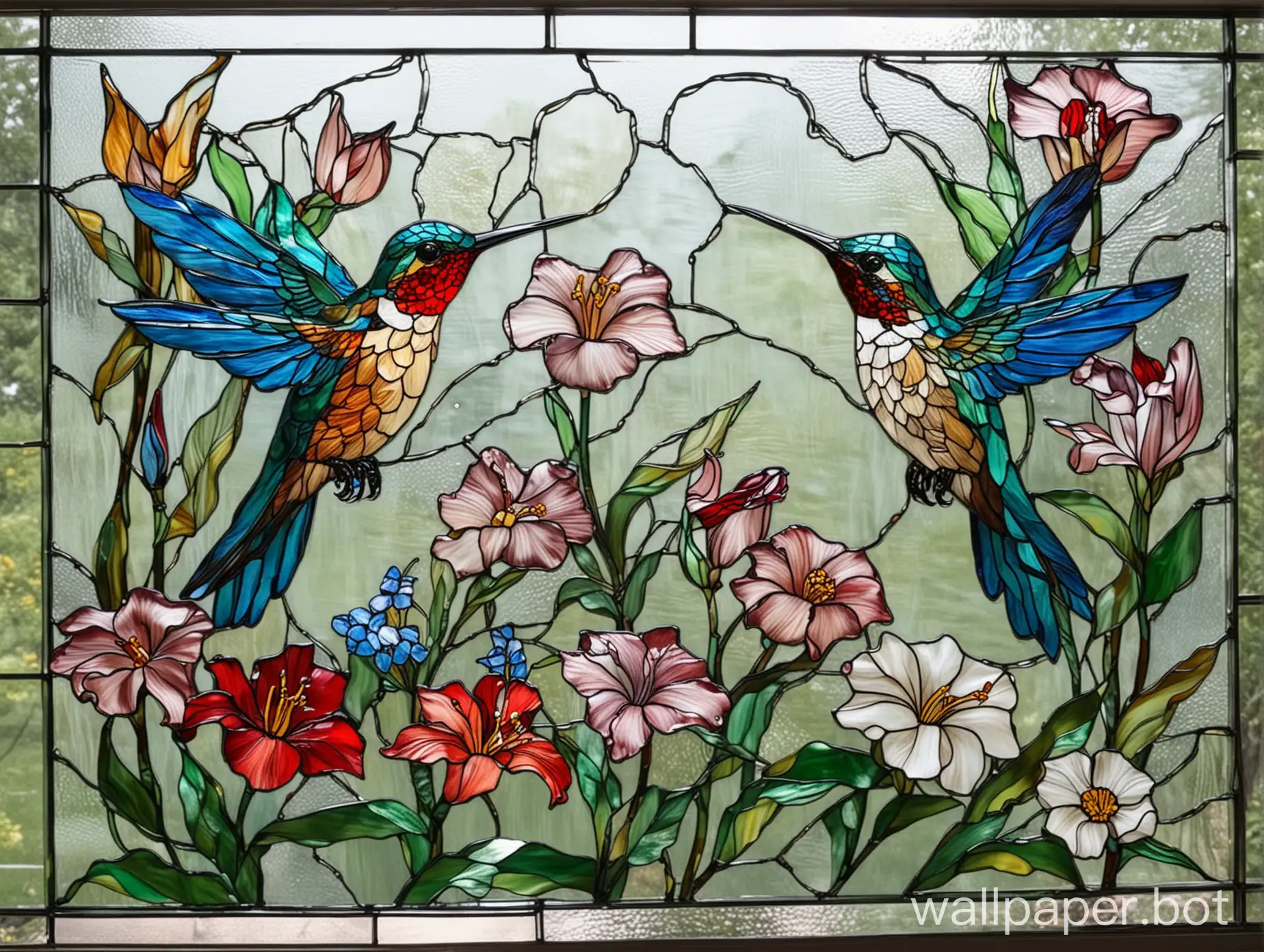 Stained glass without joints. Hummingbirds and flowers.