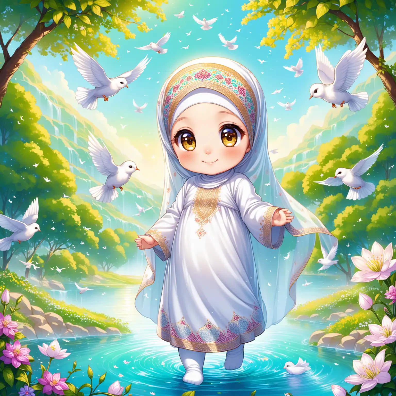 Character Persian little girl(full height, Muslim, wearing Iranian veil, turban, chador, with emphasis no hair nor neck out of veil(Hijab), baby face, smaller eyes, bigger nose, white skin, cute, smiling, wearing socks, clothes full of Persian designs, heavenly girl).

Atmosphere flowing water from the spring with flowers, nightingales and flying birds in spring.