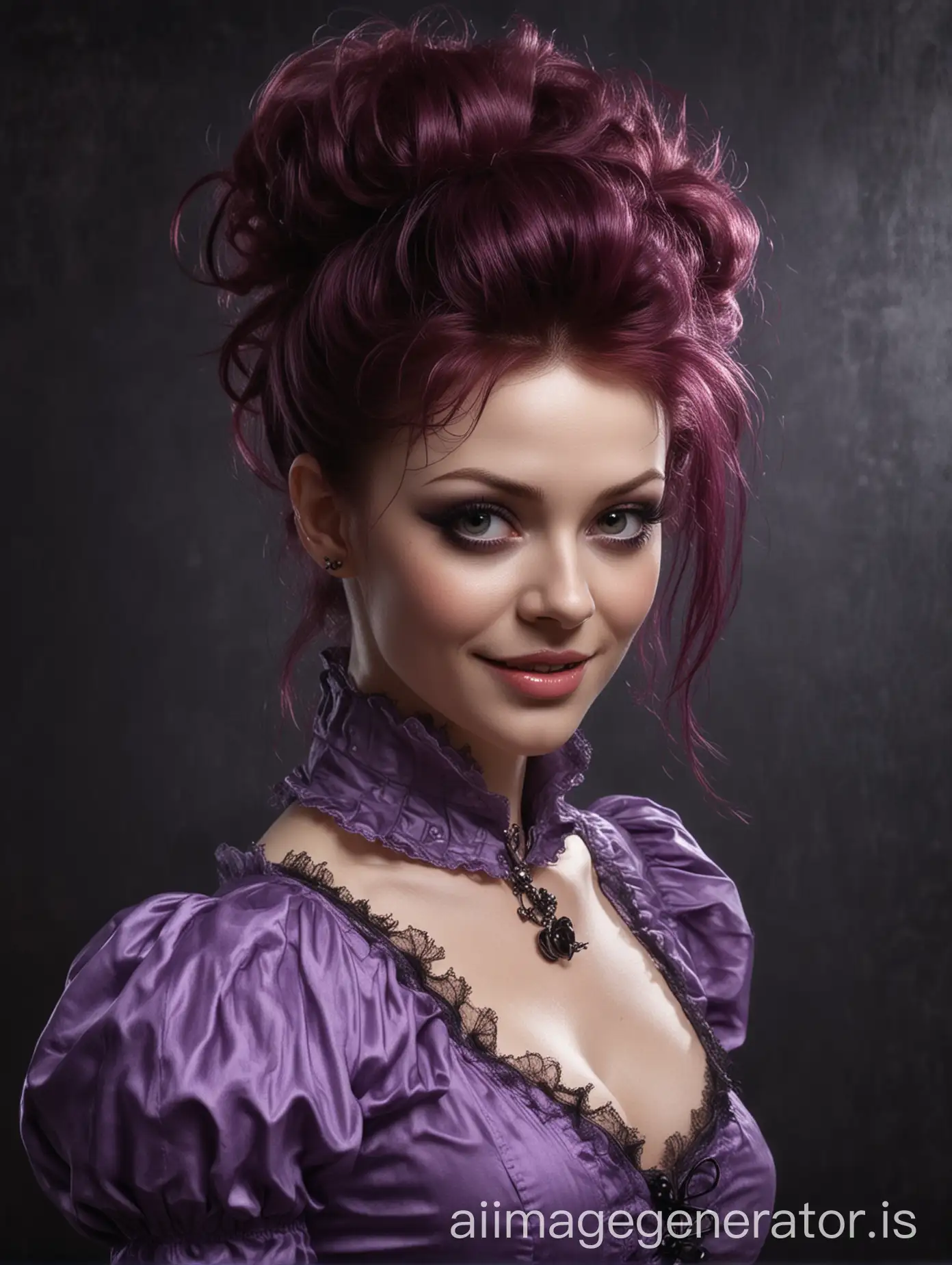 luis royo inspired dark art,  devilish sideeye, smile, ruth connell actress face, supernatural rowena witch face, ginger sleek updo hair, wearing a  purple  buttoned-up pin-tucks blouse with a round collar, bright morning, wearing purple slippers, plain black backdrop, frontlight, sitting on black