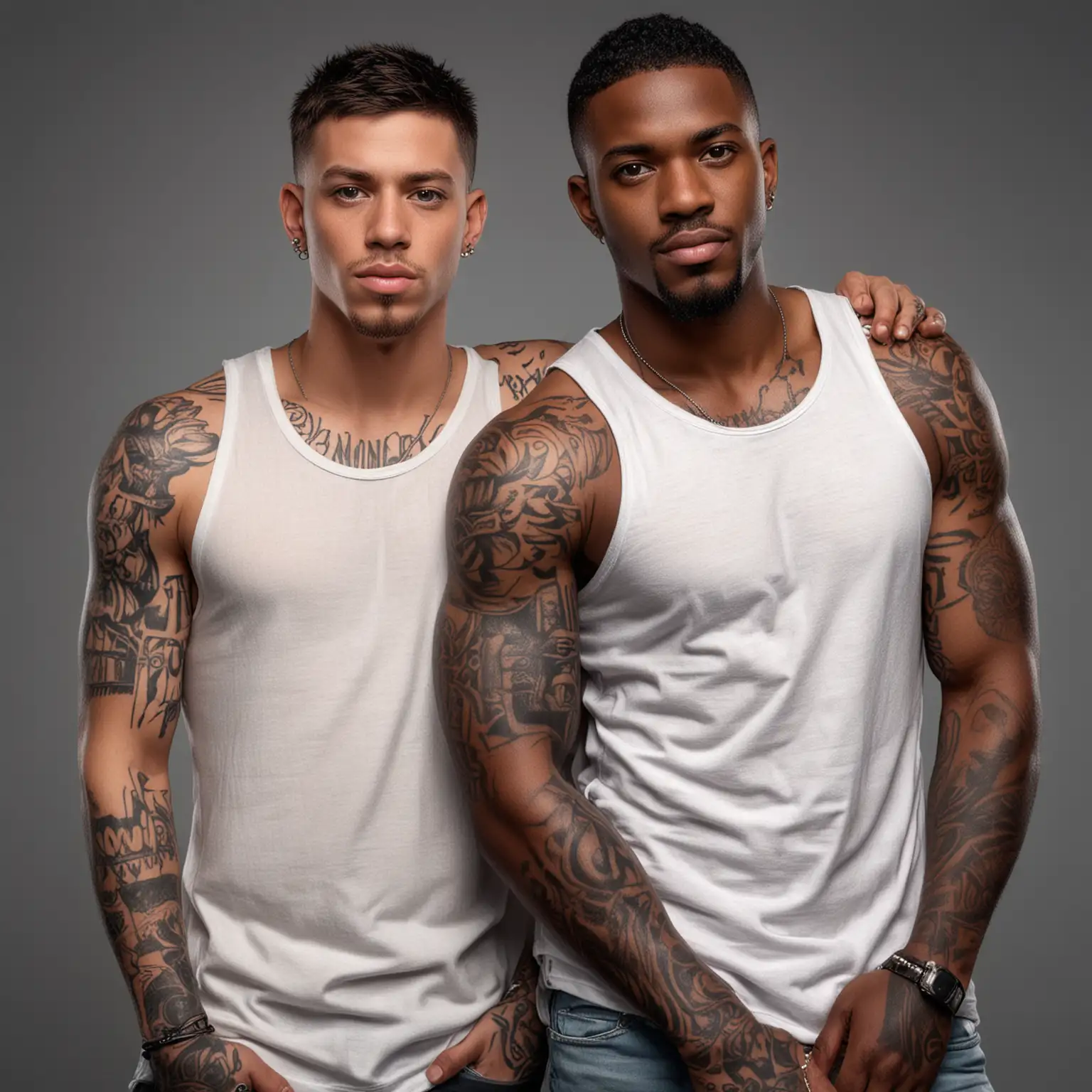 a hyper realistic full body photo of a two beautiful dark black men leaning against each other with short realistic hair, realistic eyes, tattoos, wearing a white tank top or no shirt