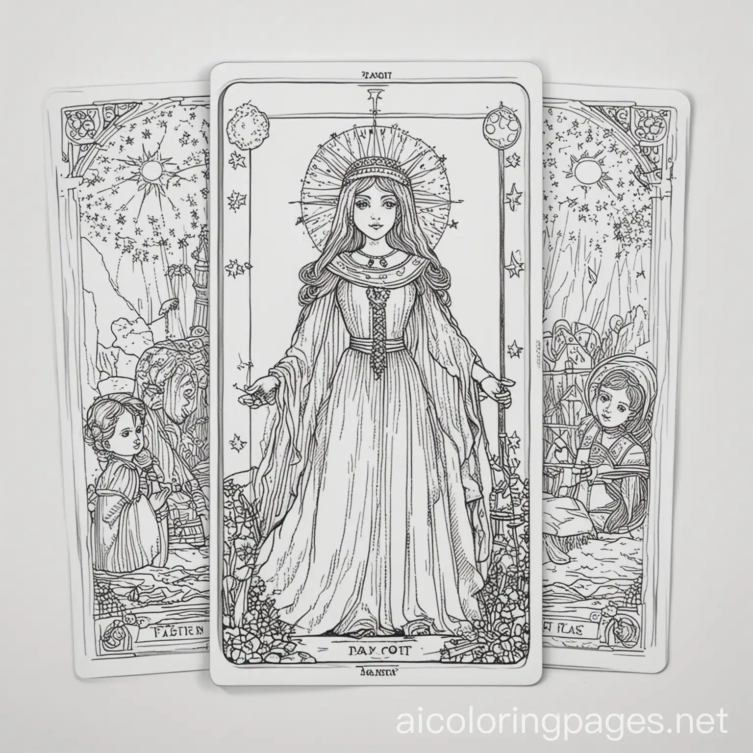 tarot cards, Coloring Page, black and white, line art, white background, Simplicity, Ample White Space. The background of the coloring page is plain white to make it easy for young children to color within the lines. The outlines of all the subjects are easy to distinguish, making it simple for kids to color without too much difficulty