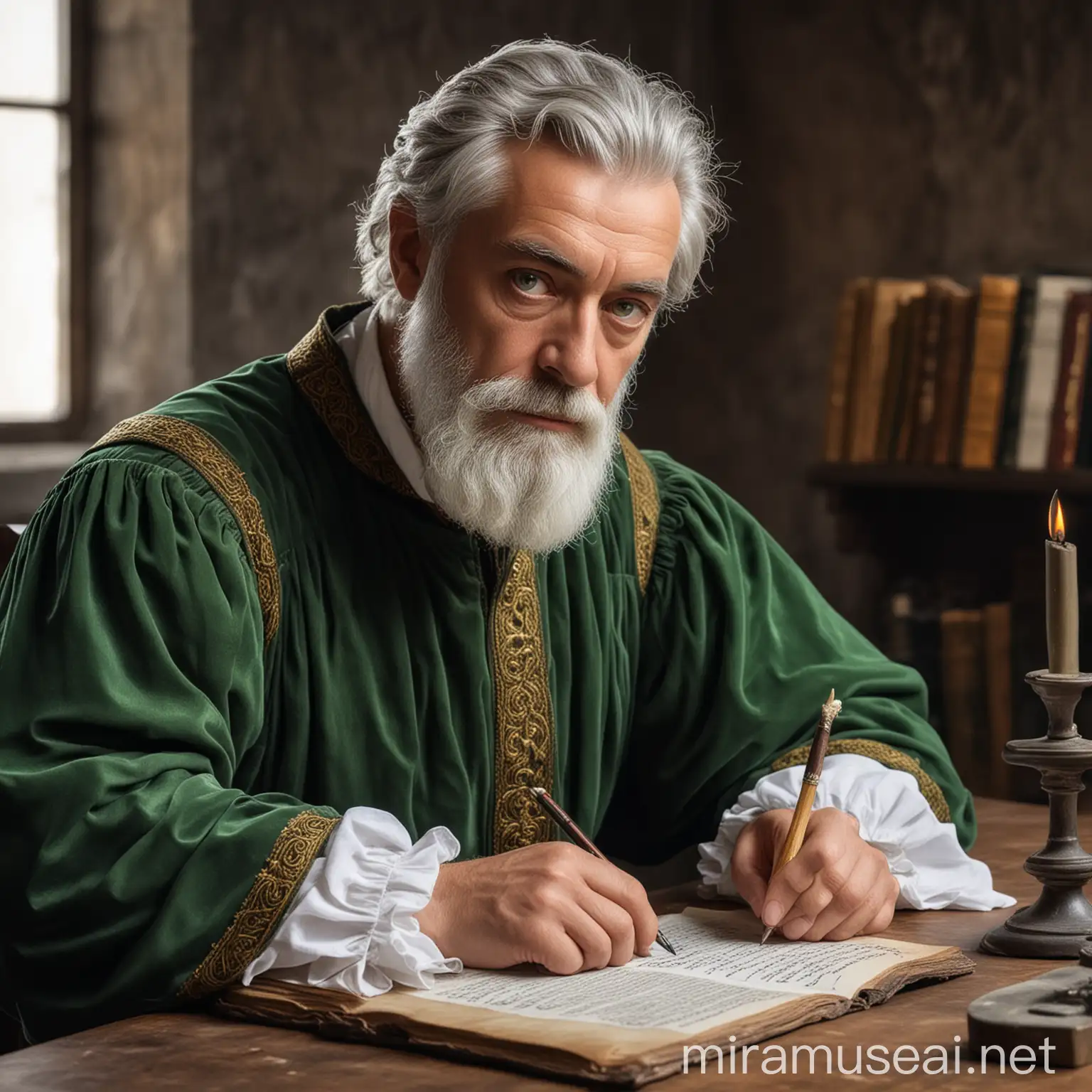 A medieval old teache with grey hair and beard, green eyes and fair skin. He is the head teacher of AN Accademia. He is writing at his desk