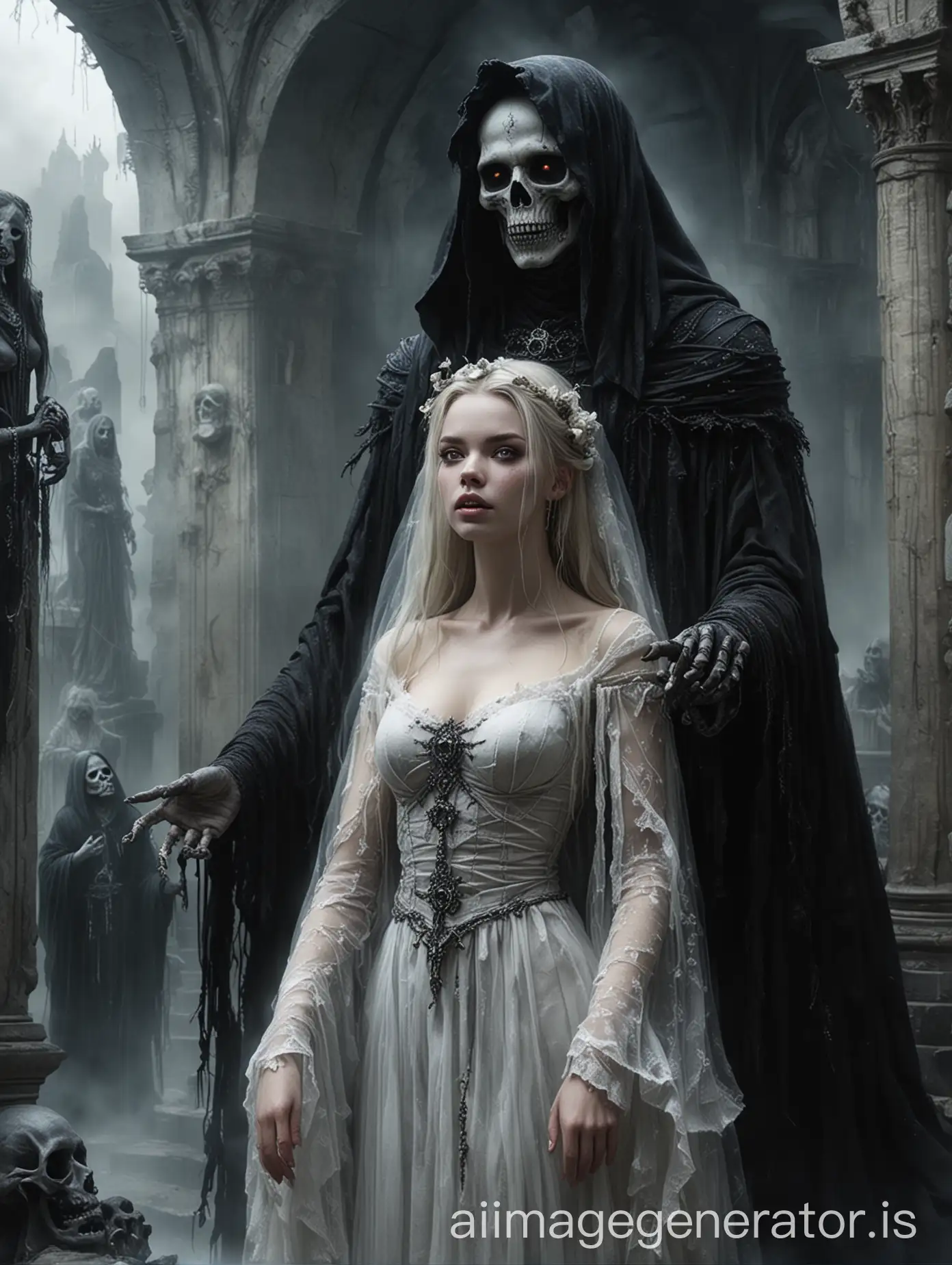 portrait, luis royo dark art style, anya taylor-joy face, woman looking up at the necromancer, wedding couple of woman and necromancer holding hands, necromancer huge  creature in black robes embracing a woman, raggedy wedding dress translucent, innocent woman wedding with a demon, ancient ruins blurry foggy background