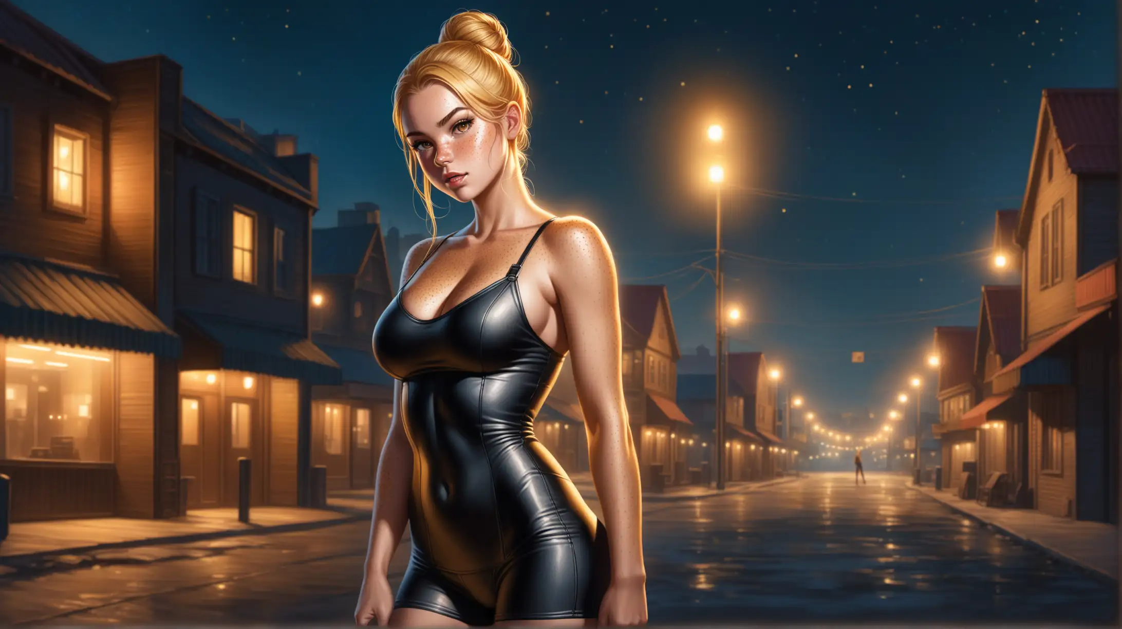 Woman with Blonde Hair and Gold Eyes in FalloutInspired Outfit at Night in Town