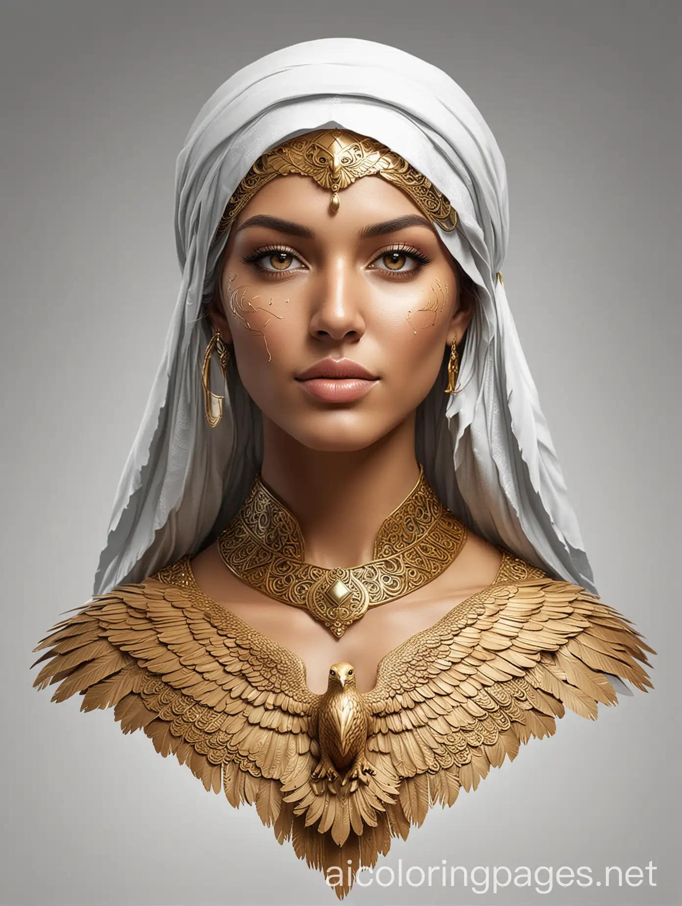  a  half golden eagle half woman, arabic art, fantasy digital effects,  female face split in half, half golden eagle half woman, beautifully  designed character, 3d character, 3d character, art landmark. High  quality art, fantasy character, advertising image, epic character art., Coloring Page, black and white, line art, white background, Simplicity, Ample White Space. The background of the coloring page is plain white to make it easy for young children to color within the lines. The outlines of all the subjects are easy to distinguish, making it simple for kids to color without too much difficulty