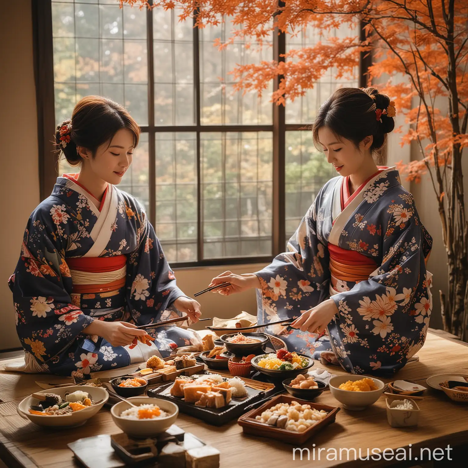 Women wearing kimono while eating japanese food during autumn in japan