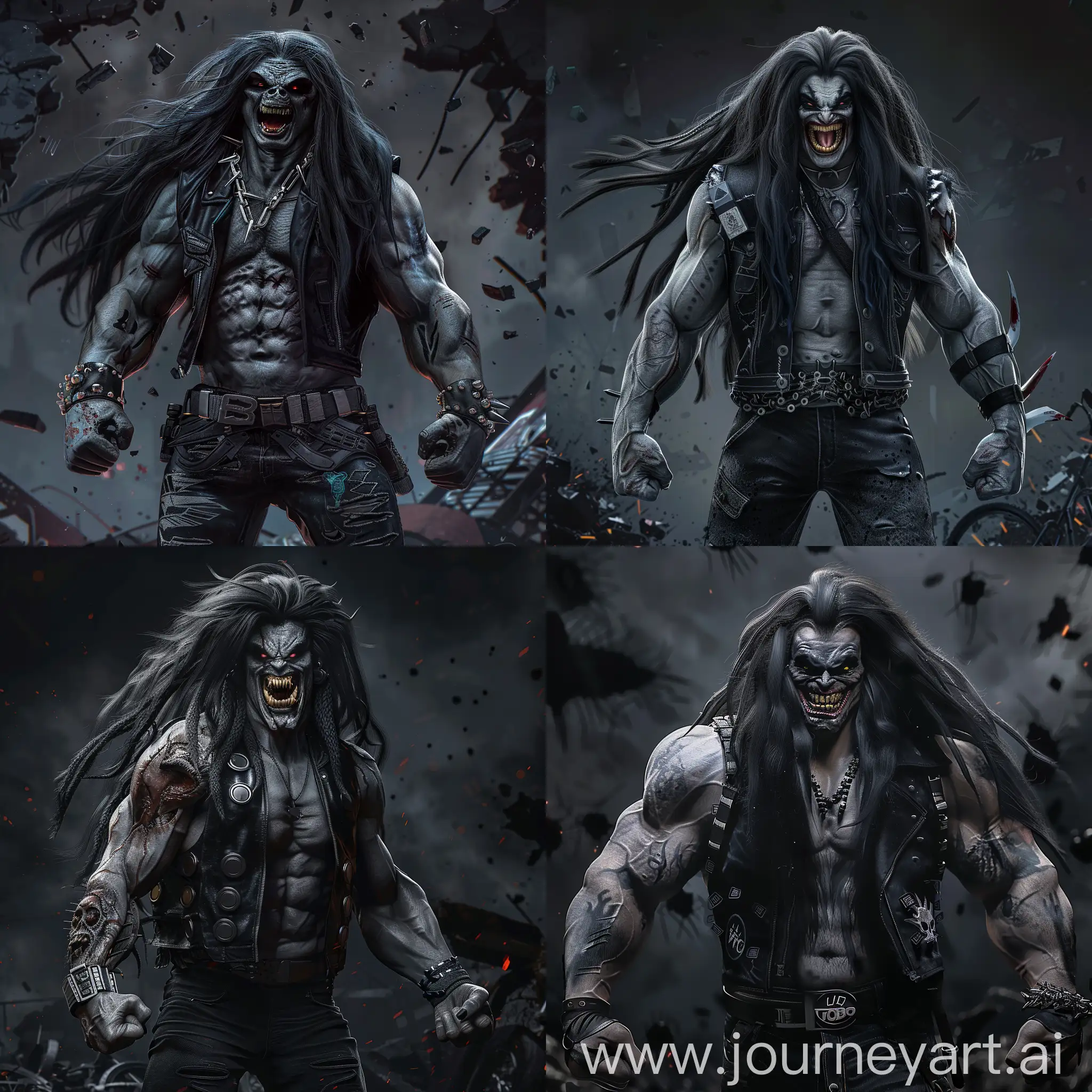 Full growth, Lobo from DC universe, black long hair and a black biker vest, evil grin, Lobo mixed venom, full growth pose, big muscles, gray skin, realism, ultra detail dark background with destruction, cinematic, 8k, hd