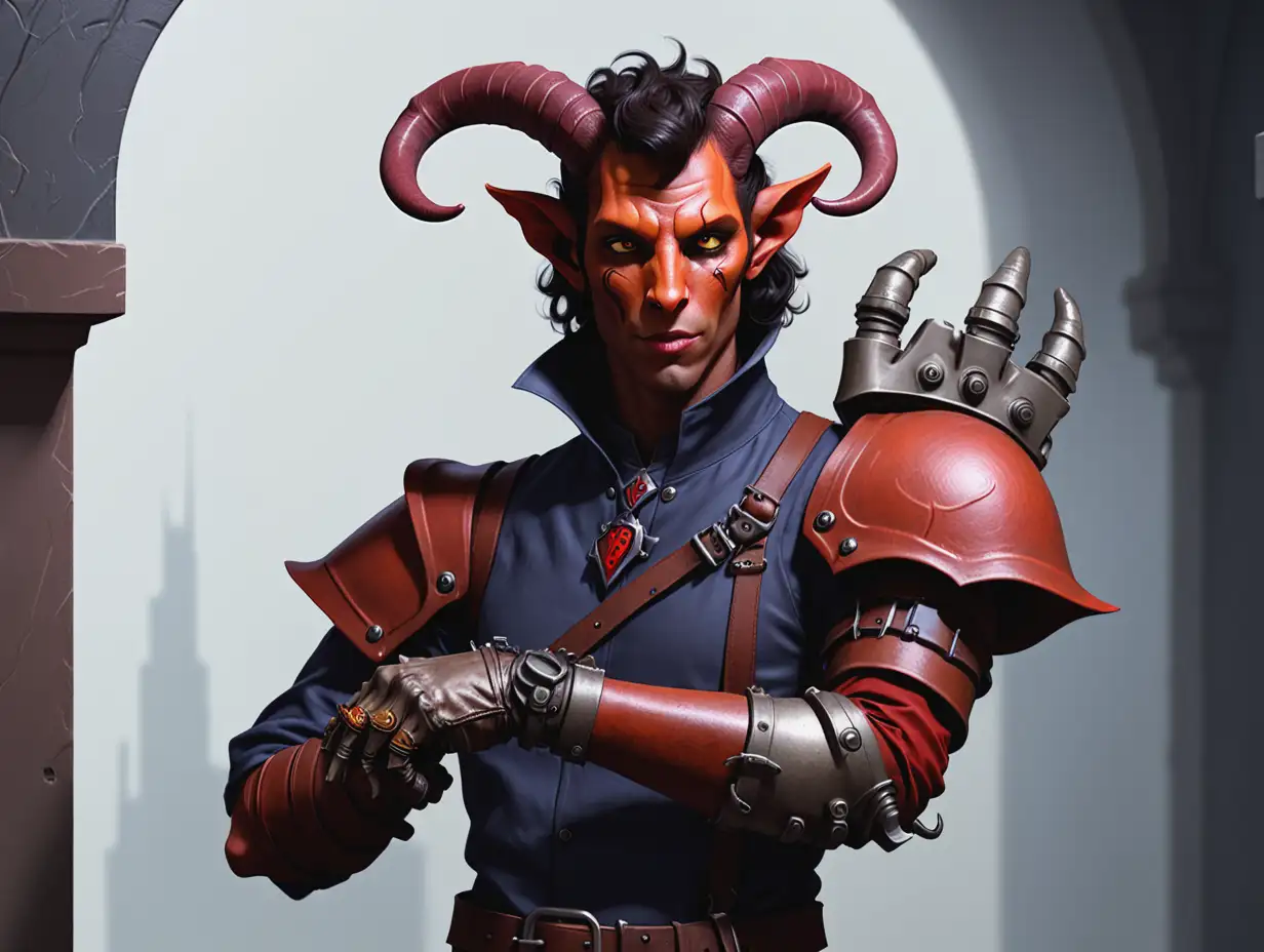 A male Tiefling engineer with a prosthetic arm