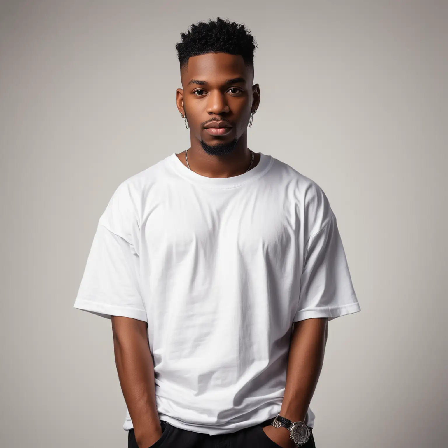 Hip Hop Style Black Man in White TShirt against Urban Background