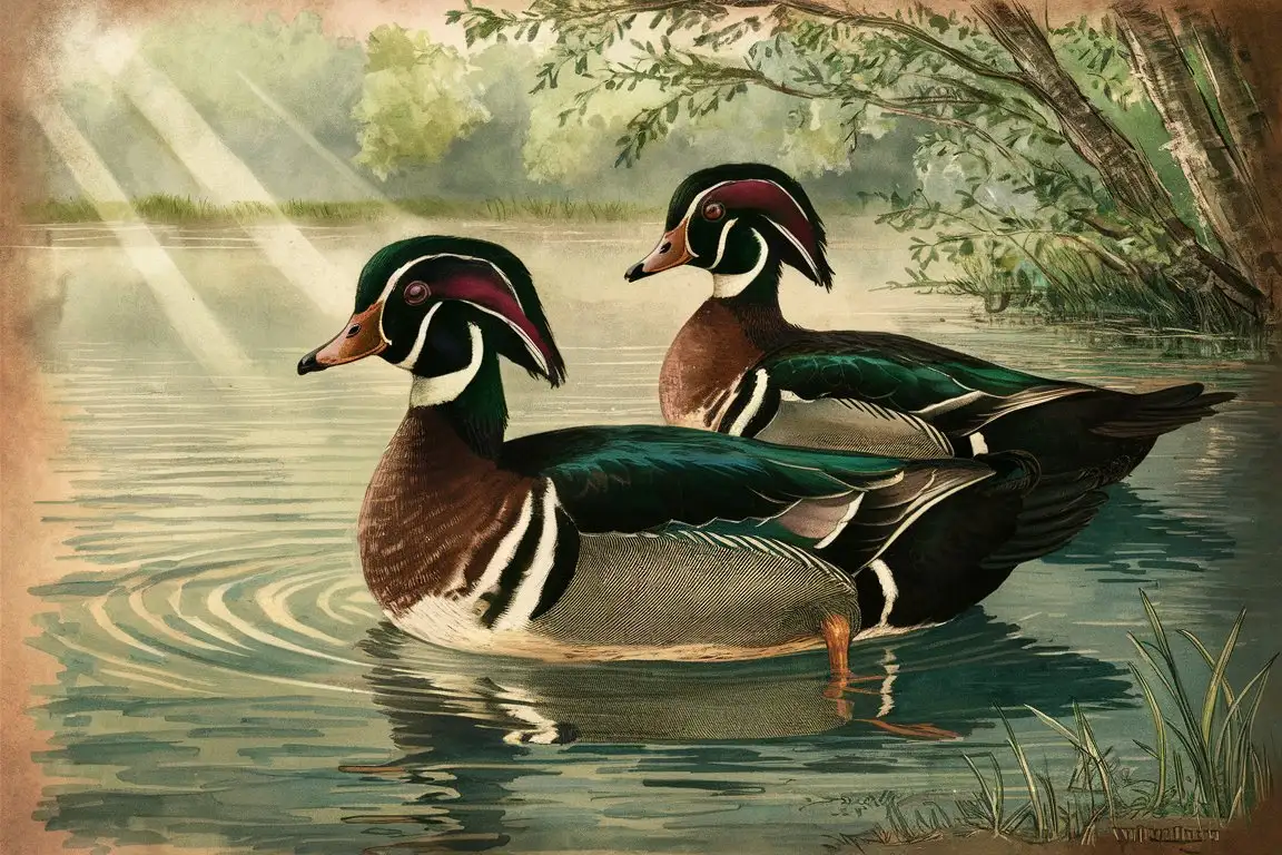 vintage sketch of two Wood Ducks floating in Tranquil Waters 