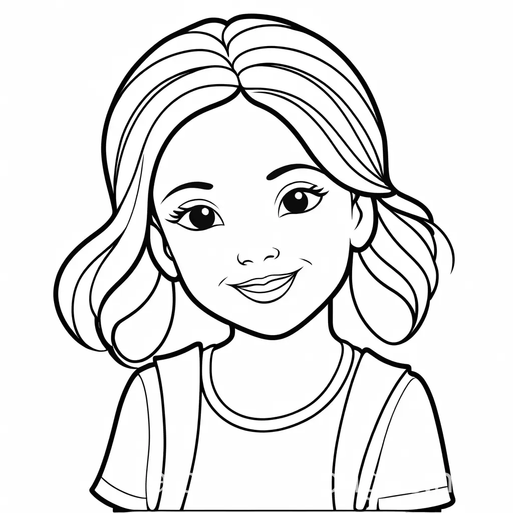 girl smiling : coloring pages, Coloring Page, black and white, line art, white background, Simplicity, Ample White Space. The background of the coloring page is plain white to make it easy for young children to color within the lines. The outlines of all the subjects are easy to distinguish, making it simple for kids to color without too much difficulty