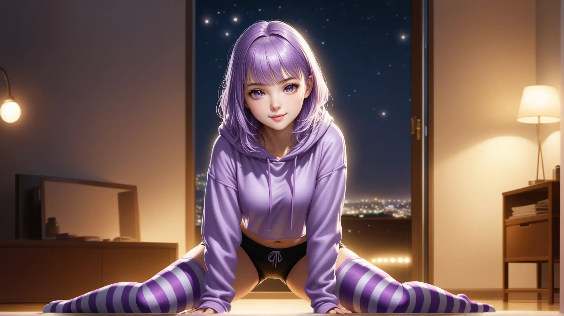 Draw a woman, shoulder length light purple hair, messy bangs framing her face, light purple eyes, petite figure, high quality, realistic, accurate, detailed, long shot, full body, indoors, night lighting, seductive pose, athletic shorts, striped thighhighs, hoodie, smiling at the viewer