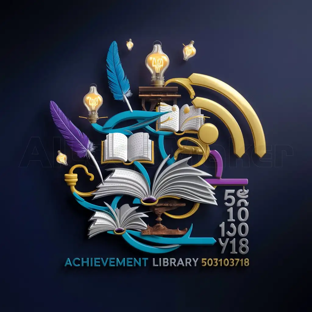 a logo design,with the text "Topic: Achievement Library 503103718 nStudent services solve tasks and costs and scientific and academic research and programming codes creation", main symbol:theme: design logo library of achievement using symbols like open books, feather quills, and old lamps to convey the idea of knowledge and learning in a complex way. These symbols can be merged into an intertwined design or engineering shape.Open book: represents knowledge and educational resources.Light bulb: symbolizes intellectual enlightenment and inspiration.Wi-fi symbol: indicates technology and digital access.It should embody its message in helping students achieve academic success by providing advanced informational sources in a digital environment.The logo should be large and prominent to attract the attention of students and reflect the importance of the electronic library as a primary source of knowledge.Choosing a varied yet harmonious color palette, such as royal blue, deep purple, and gold, gives the logo a more complex and luxurious feel. These colors can be used in symbols, lines, and ornate details.Adding gold and silver accents to the logo adds elegance and shine, and they can be used as secondary colors or in some details.In addition to the logo, add the library's number 503103718 next to it.,complex,be used in Education industry,clear background