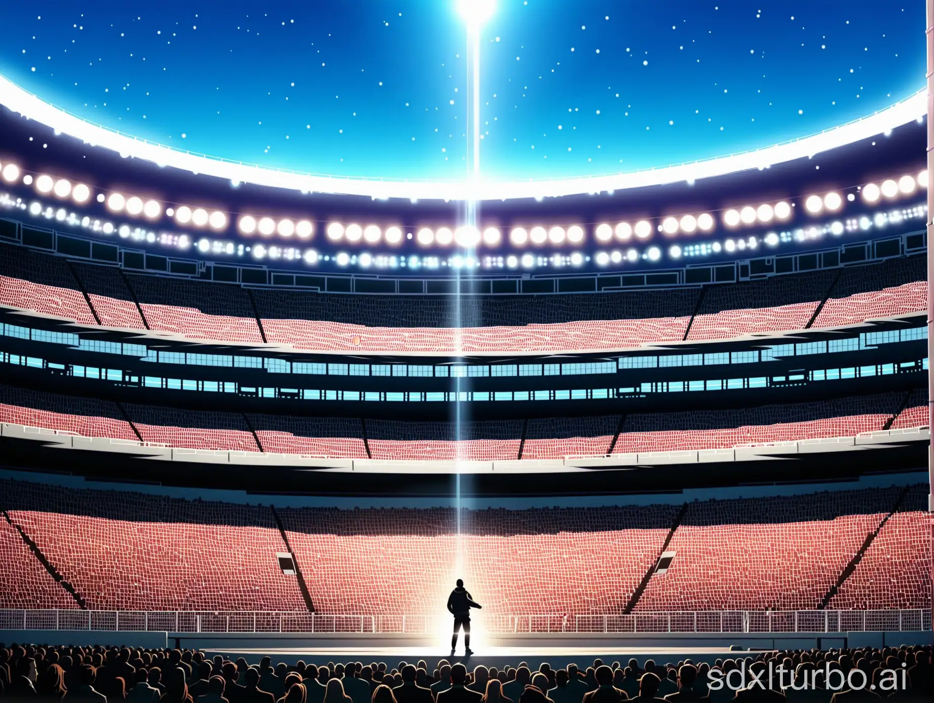 Comic style, a man standing on stage, a large crowd of people kneeling to him below the stage, stage, stadium, outdoors, sky, high definition, 4K, bright light, medium distance shot