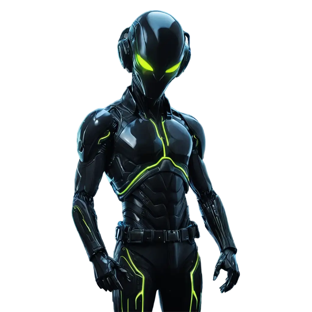 soldado extraterrestre con un traje de metal negro con luces de neon. esta de frente y tiene casco