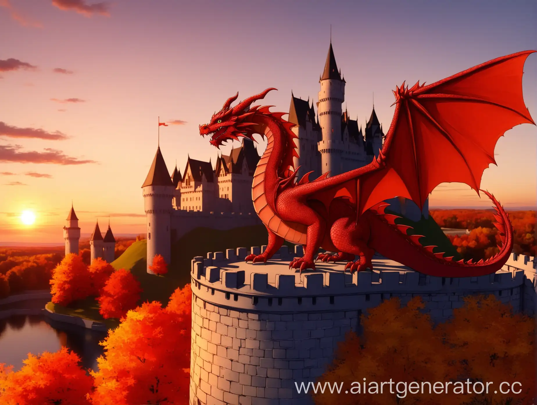 Красный дракон сидит на замке на закате осенью