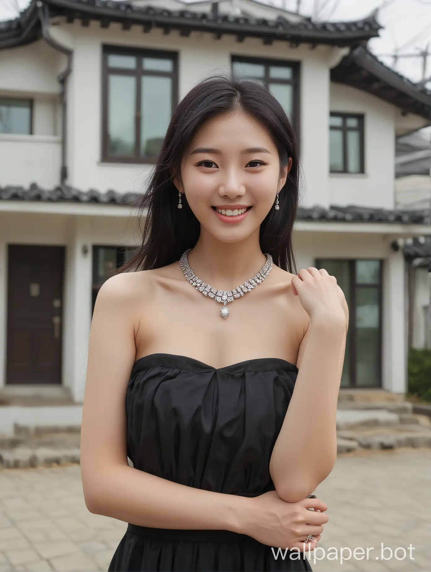 Generate an image of a beautiful South Korean Gyeonggi-dol cute pretty girl with a fair skin tone and long black hair. She has a joyful smile, a warm, broad smile that conveys happiness. The background is a modern house. The camera shot captures her from head to foot, full shot. She is wearing an elegant diamond necklace, exuding glamour.