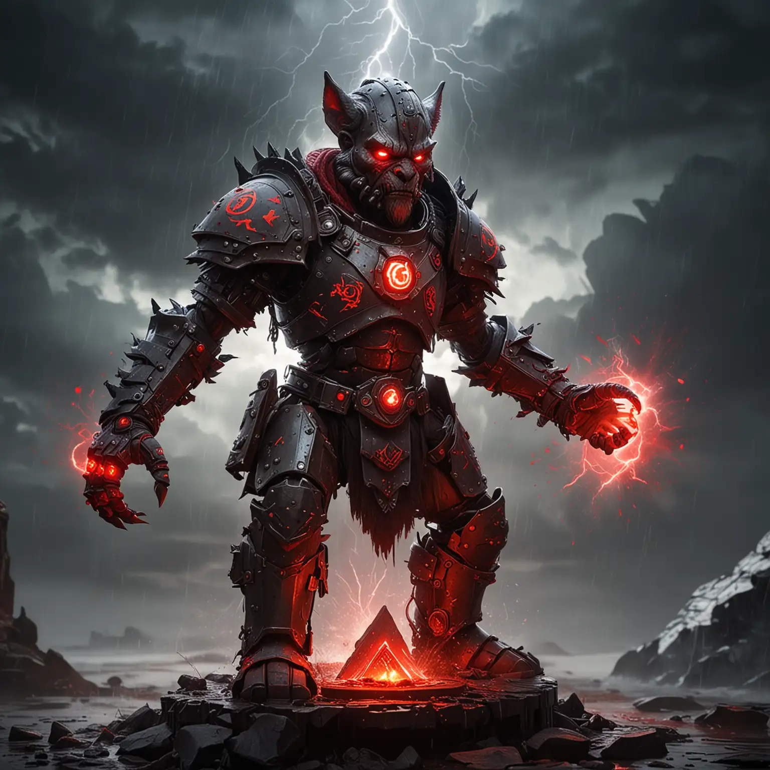a robot werewolf-gnome cyborg wearing ancient plate armor painted with glowing red runes, powered and fueled by blood magic, with lightning energy surrounding the gauntlets, silhouetted by the morning dawn on a stormy day