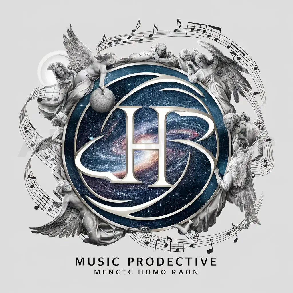 a logo design,with the text "H", main symbol:Universe, galaxy, godly, angels, music notes,complex,be used in Music production industry,clear background