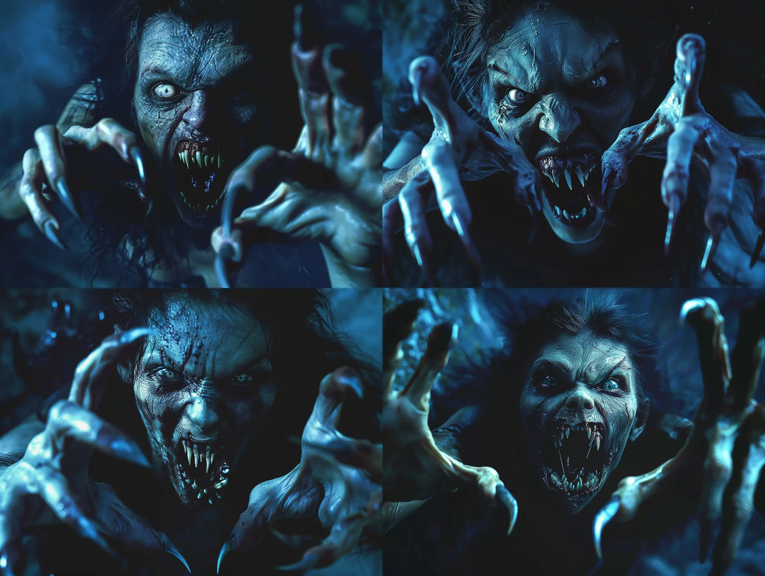 A photorealistic scene of a wild, monstrous vampire woman emerging from the darkness, with an eerie and haunting atmosphere. The vampire has extra long pointed fingernails on each hand, resembling the claws of a predator, and her mouth is threateningly open, revealing terrible teeth that look like fangs. She appears as if she climbed out of the grave, with hyper-realistic details such as full anatomical precision and highly textured features. The scene is cinematic, with intense and atmospheric lighting that emphasizes the smallest details, creating a realistic and aggressive dark atmosphere. The focus is on creating a high-quality, hyper-realistic portrayal of this undead creature, ensuring that every aspect is detailed and textured to convey a sense of horror and terror. The aim is to generate a night-time scene that is truly creepy, spooky, and terrifying while maintaining realistic anatomy and flawless execution