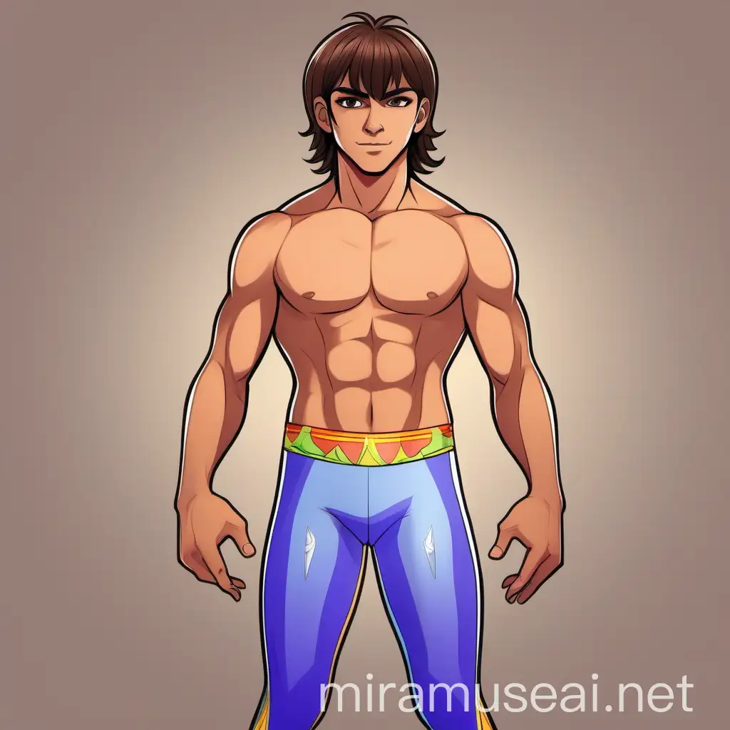Charming shirtless fit 19 year old male Argentine wrestler, with short side-fringed brunette hair, mid-brown skin and hazel eyes, wearing: a pair of long periwinkle spandex leggings, in colorful cartoon style