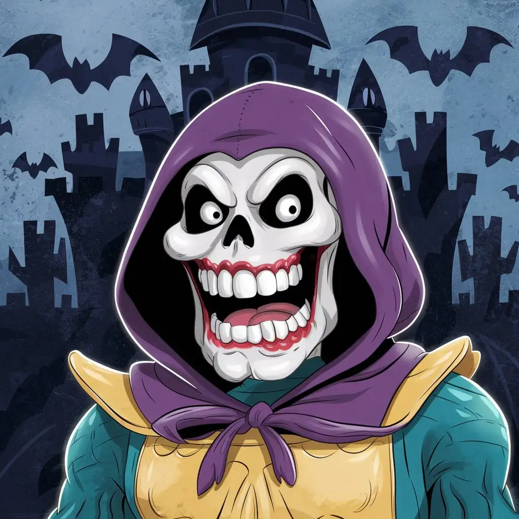 Camera Skeletor from He-Man in the style of an old school cartoon, with a purple hood and smiling with sharp teeth.