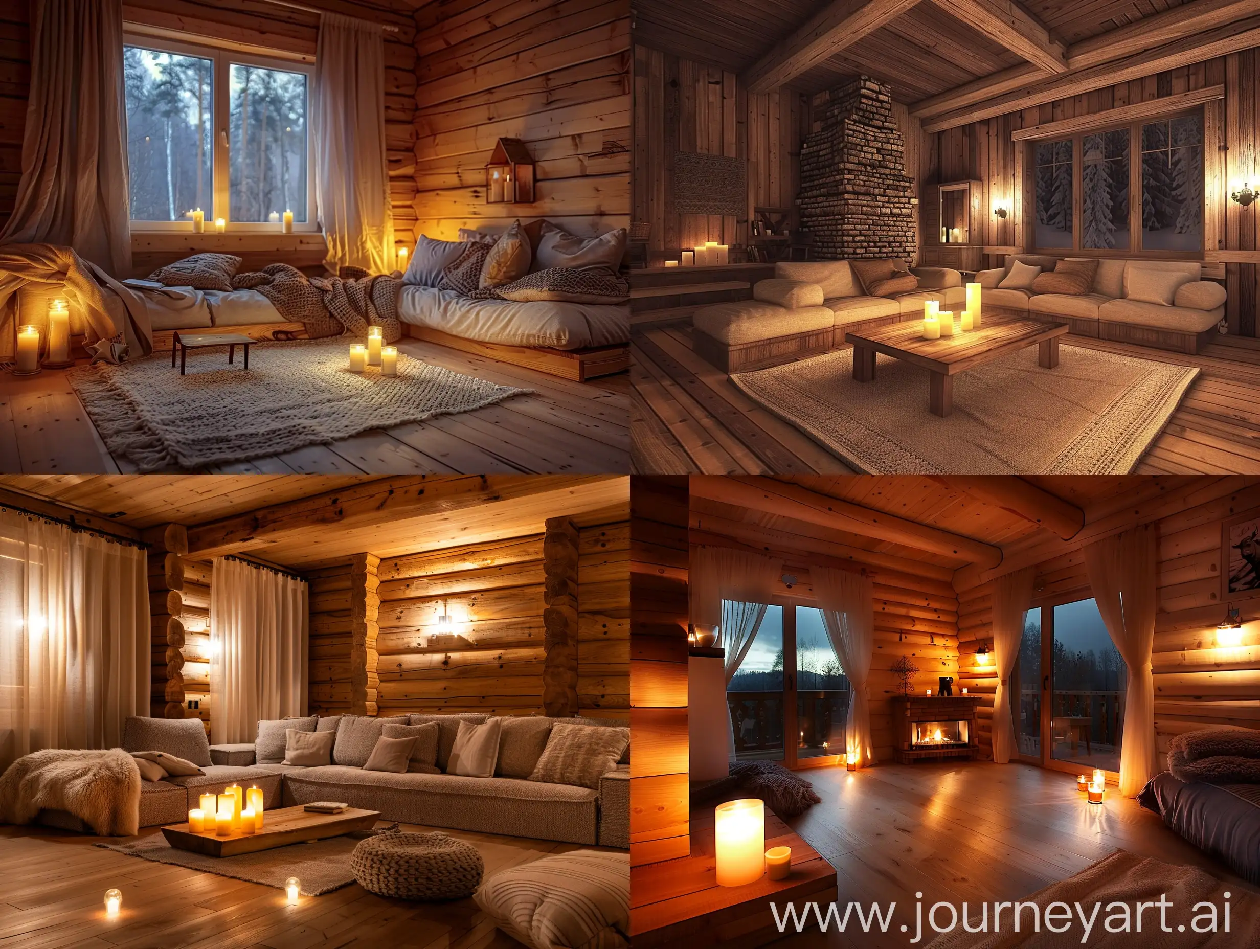 living room, interior in wooden style. The room is very cozy and pleasant. The room is lightly lit by candles