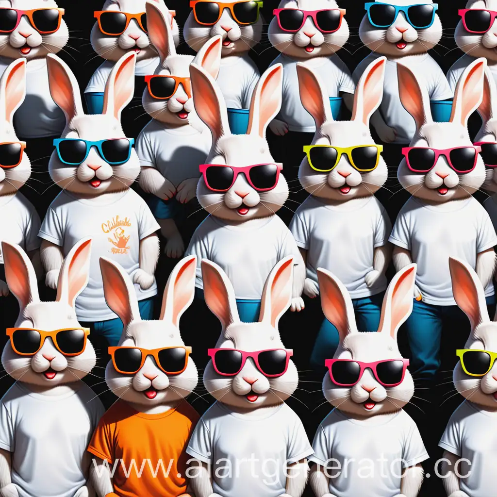 Очень много мультяшных Брутальных кроликов в солнцезащитных очках и белых футболках, фон для детского лагеря