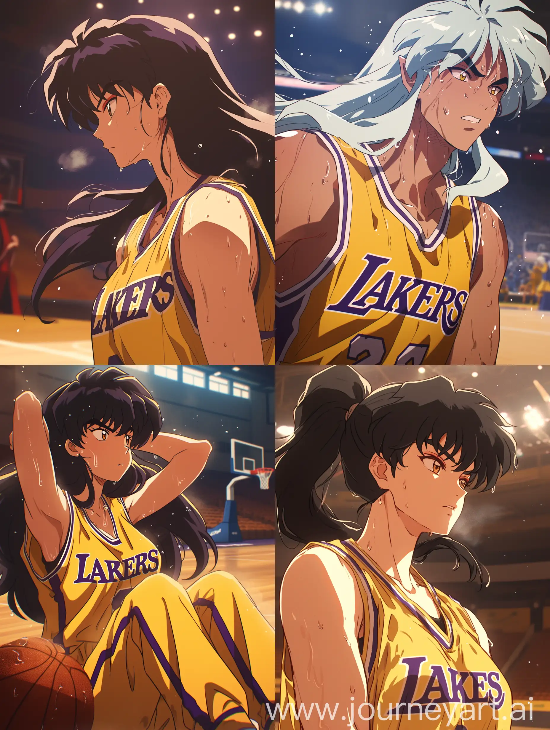 photo screenshot from anime, kagume hirugashi from inuyasha anime, yellow basketball uniform "LAKERS", sweat, basketball court --niji 6