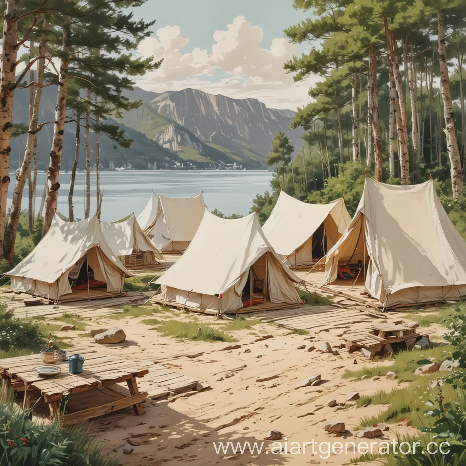 эскиз открытки для лагеря Артек. Изобрази уютную и живописную бухту с четырьмя брезентовыми палатками, высоких, светлых, с деревянными полами