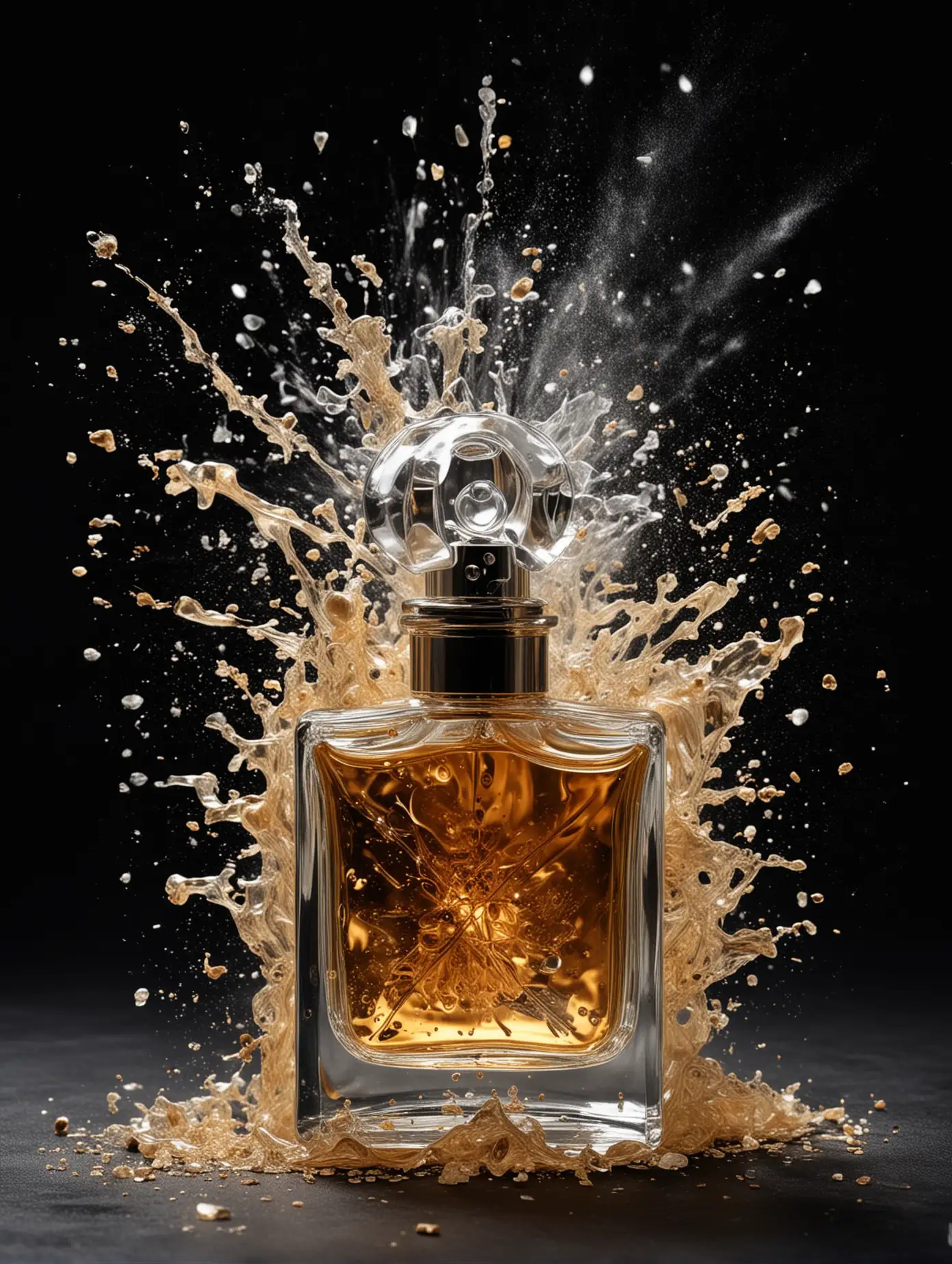 close up of perfume bottle exploding, dark background