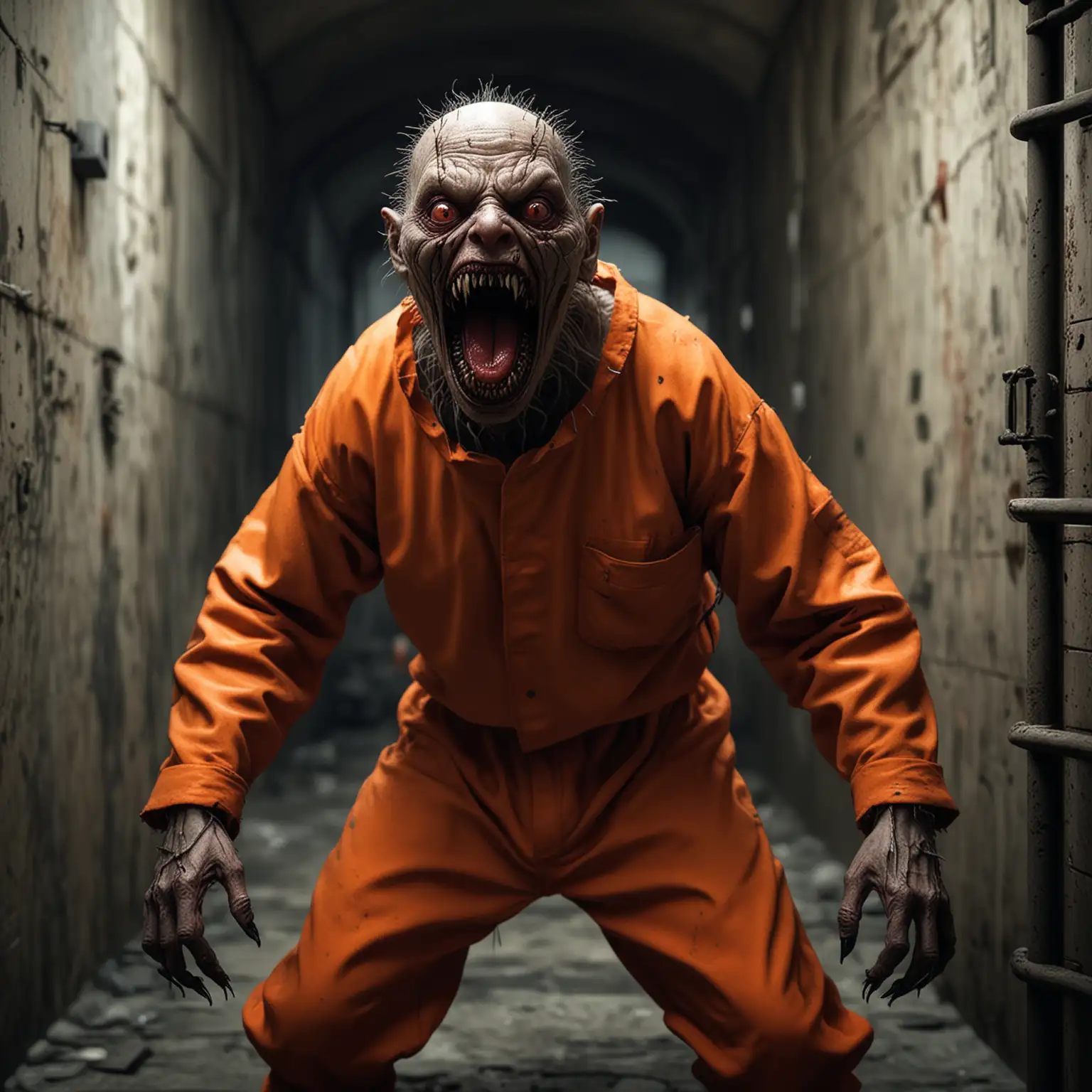 Hyper Realistic Horror Terrifying Creature in Orange Prisoners Clothing