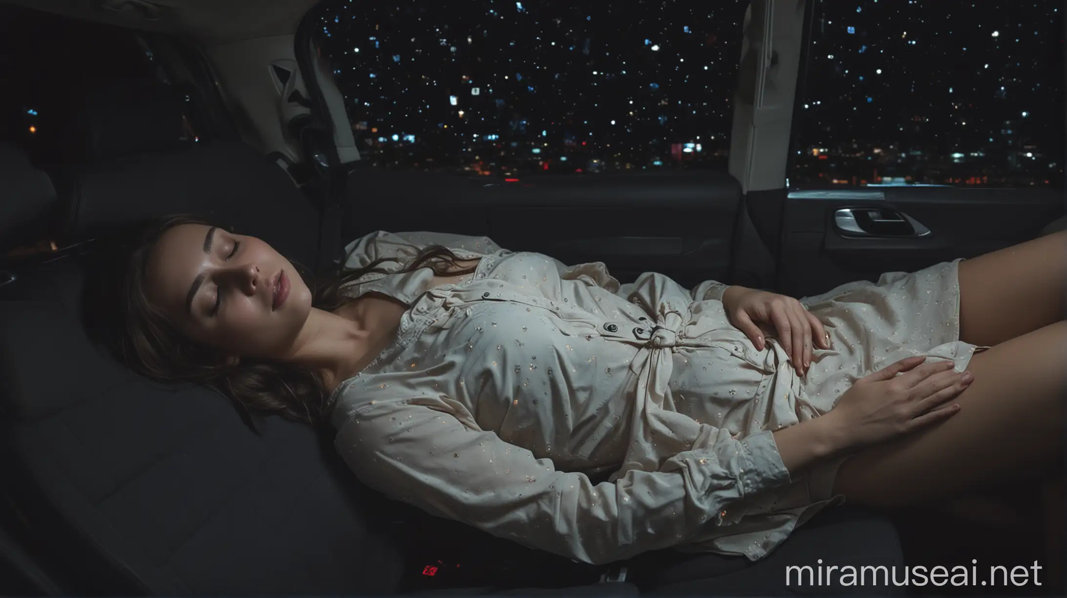 Wanita cantik tertidur pulas posisi tidur selonjor full body di dalam mobil di malam hari