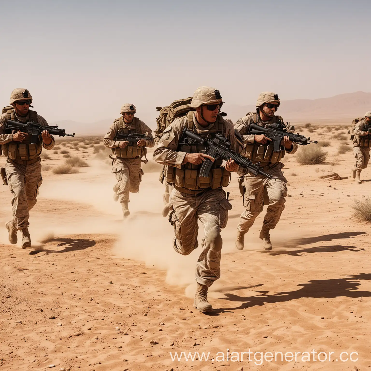 Солдаты бегут по пустыне с оружием