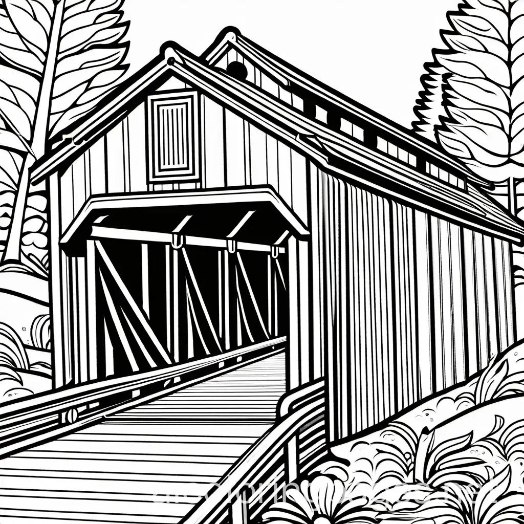 Simple-Black-and-White-Covered-Bridge-Coloring-Page-for-Kids