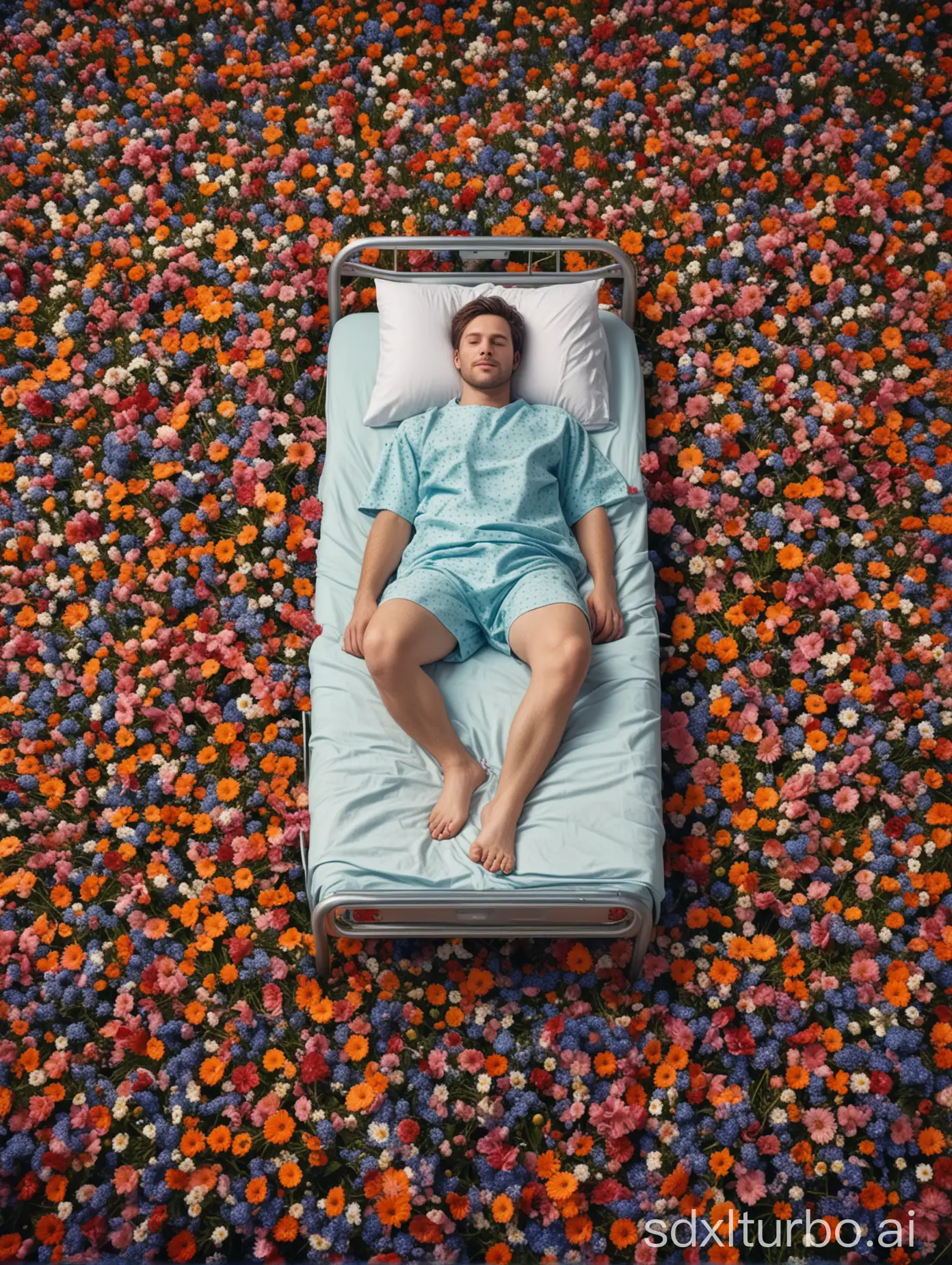 a 30 year old man laying in a hospital bed in the middle of a field of tall spring flowers, completely surrounded by flowers, colorful, realistic