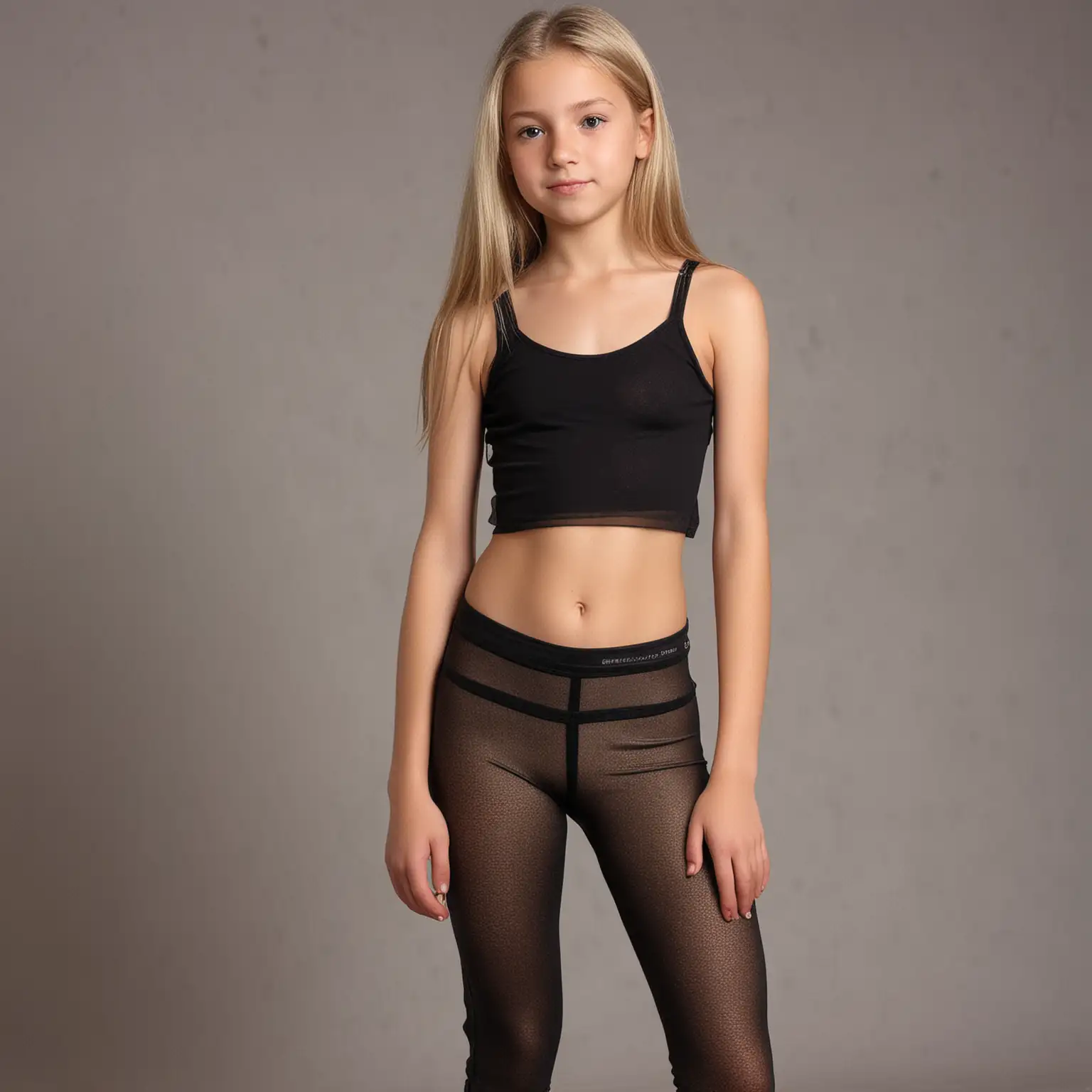 thirteen year old european blonde girl, high resolution photo, slender body with graceful proportions, straight hair, see-thru leggings, croptop, full front pose, front view for the camera,