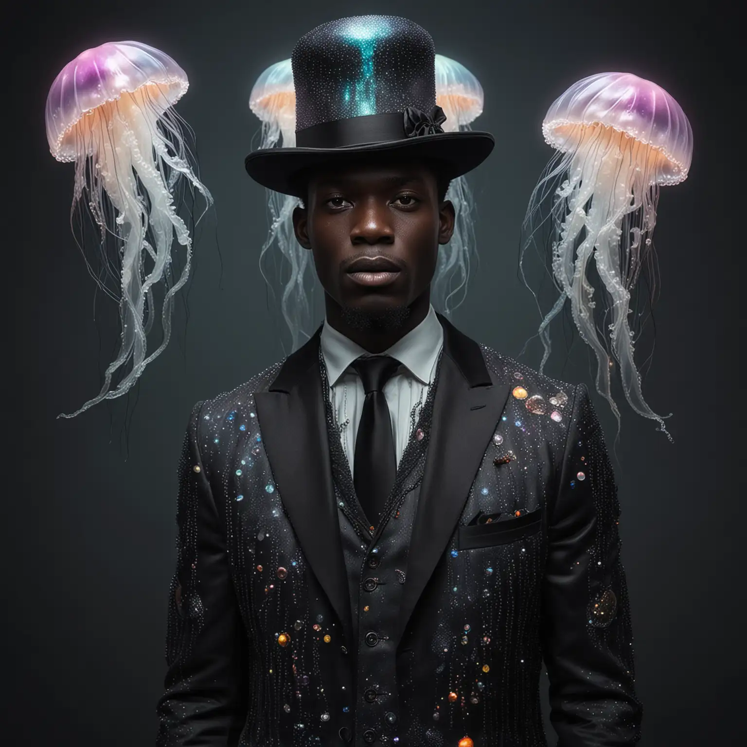 hombre de senegal vestido de dandy, traje hecho con medusas iridiscentes, 
medusas reales cuelgan sobre los hombros y el sombrero, estilo hiperrealista, oscuro, gothic
