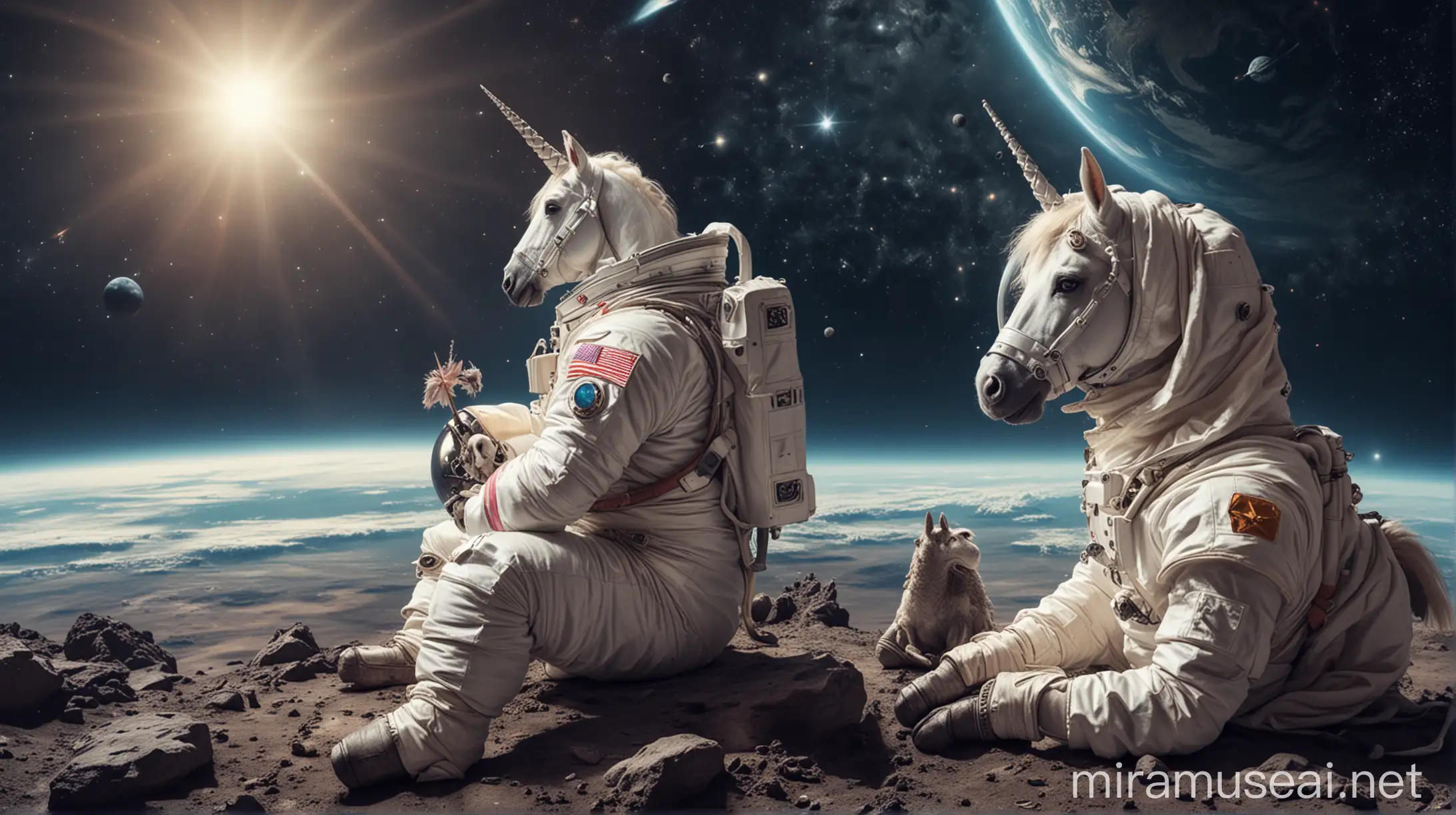 Cosmonaut with Unicorn Gazing Across Cosmic Expanse