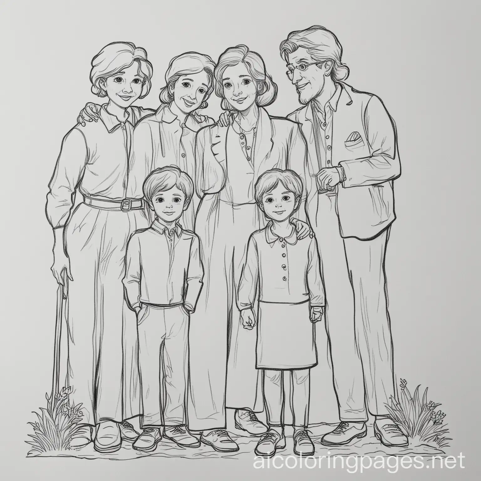 la famille en francais, la mere, le pere, le frere, la soeur, moi, Coloring Page, black and white, line art, white background, Simplicity, Ample White Space. The background of the coloring page is plain white to make it easy for young children to color within the lines. The outlines of all the subjects are easy to distinguish, making it simple for kids to color without too much difficulty