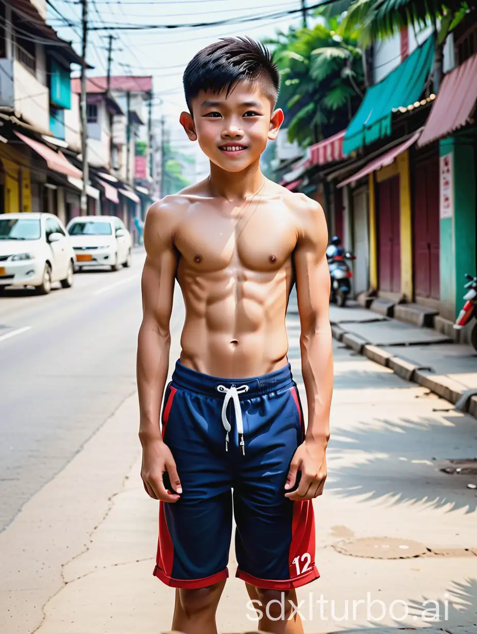 Vietnam muscular kid, round face, whole body, barefoot, bodybuilding,12 years old