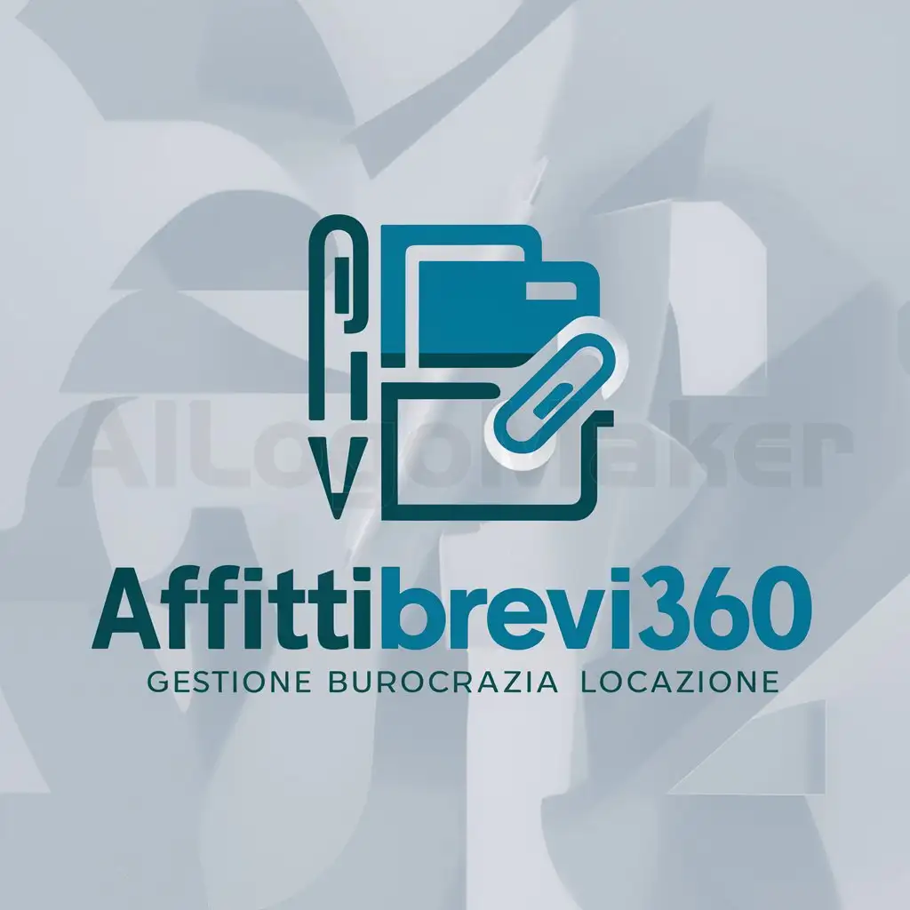 a logo design,with the text "AffittiBrevi360 Gestione Burocrazia Locazione", main symbol:Create a logo using one or two colors at most, including white, black and various shades of blue. The objects present in the draft (pen, folder and paper clip) can also be arranged in different ways. It is also permitted to replace them with other office-related objects. The theme of the logo is that of the bureaucracy of rentals (tourist and otherwise). The texts to be used are those reported in the draft. It is also possible to use other fonts.,Moderate,clear background