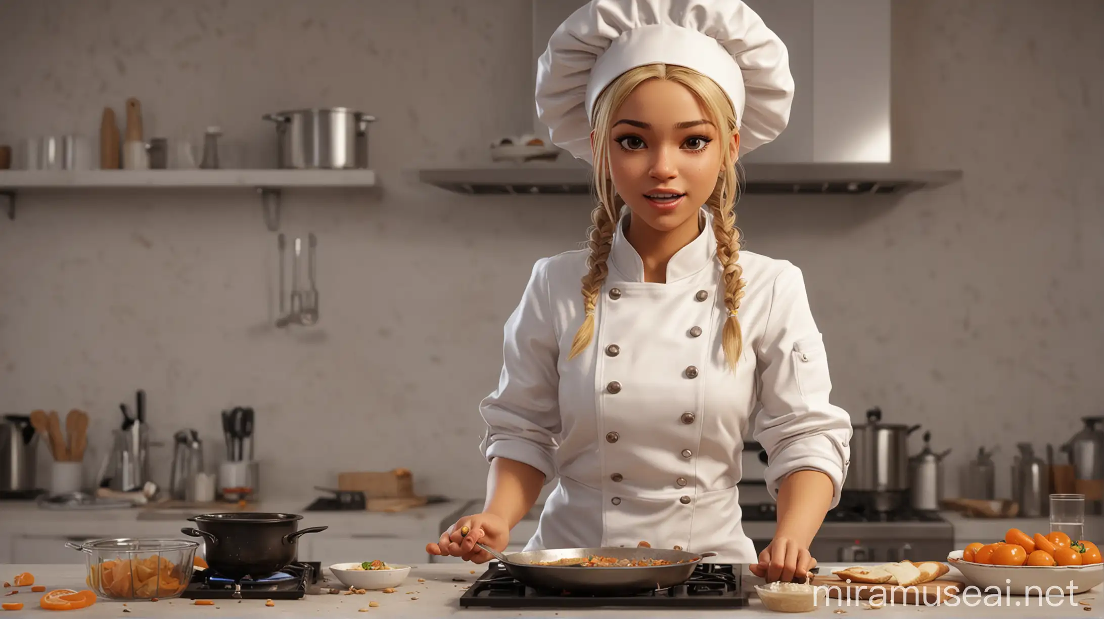 Light Skin Video Game Girl in Chef Clothes Battling Nausea from Cooking Mishap