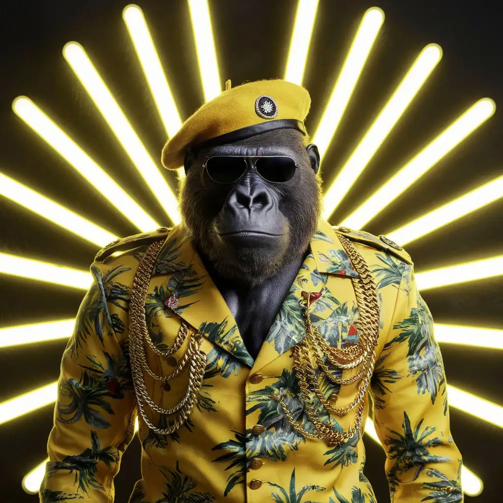 Gorilla Wearing Stylish Yellow Hawaiian Military Outfit with Gold Chains