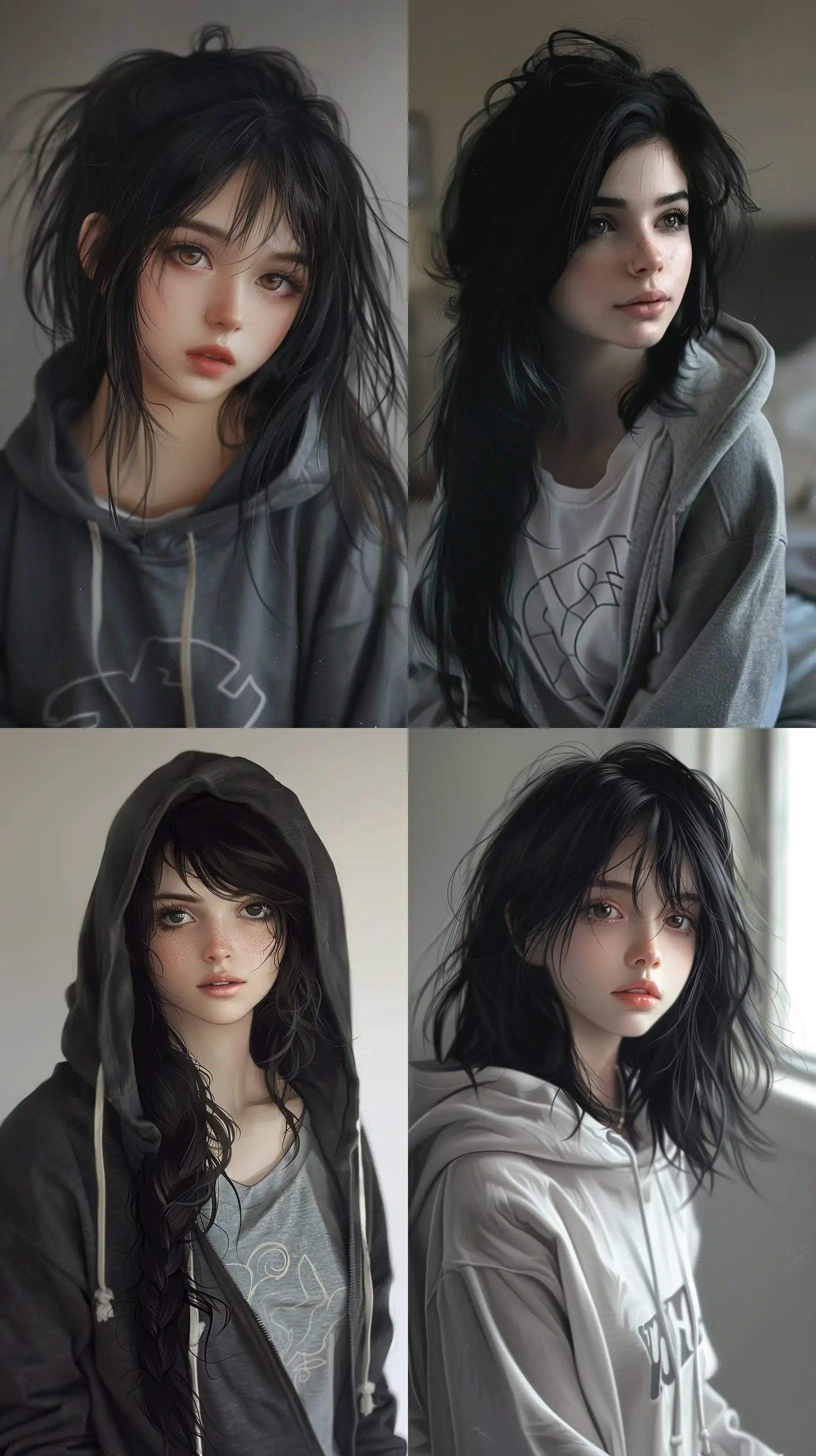 Very beautiful girl with black hair, with tshirt and hoodie, full body, this picture is completely real --v 6 --ar 9:16